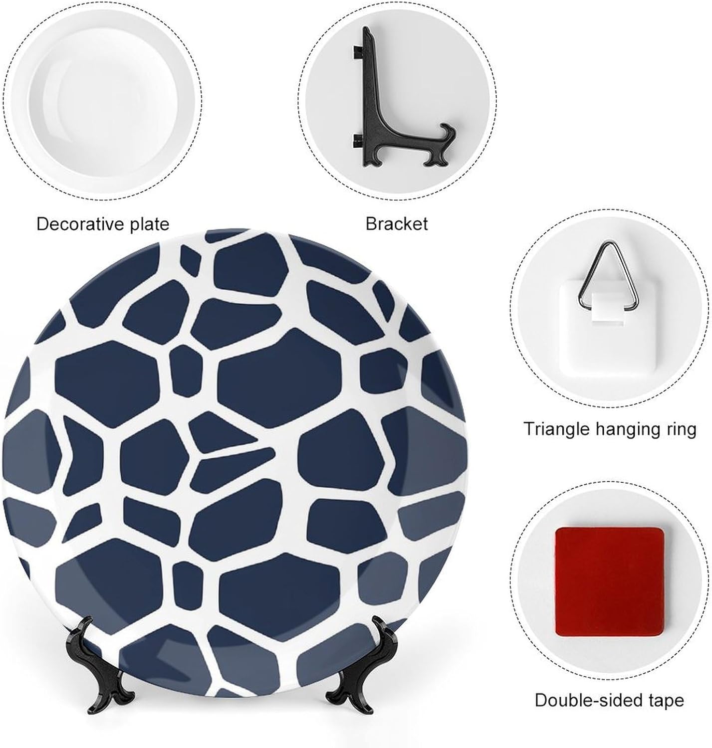 Blue Giraffe Texture Pattern Decorative Plates for Display Ceramic Plate Tray with Stand Hanger Home Decor