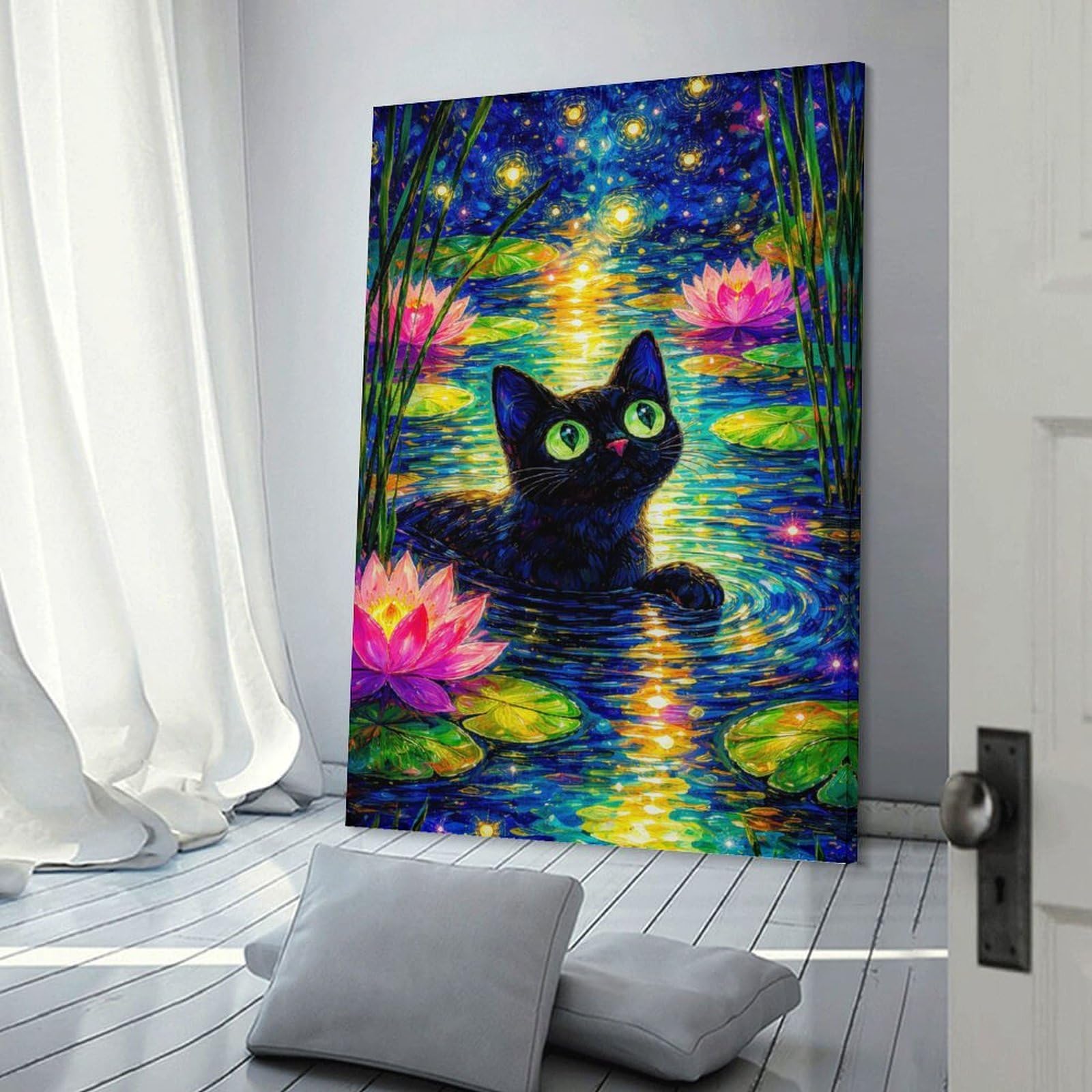 Junmoney Wall Picture Print Black Cat in Starry Lily Pond, 16x24inch(40x60cm), for Workspace Walls, Study Corners Or Bedrooms, A Smart Decor Choice for Study Walls