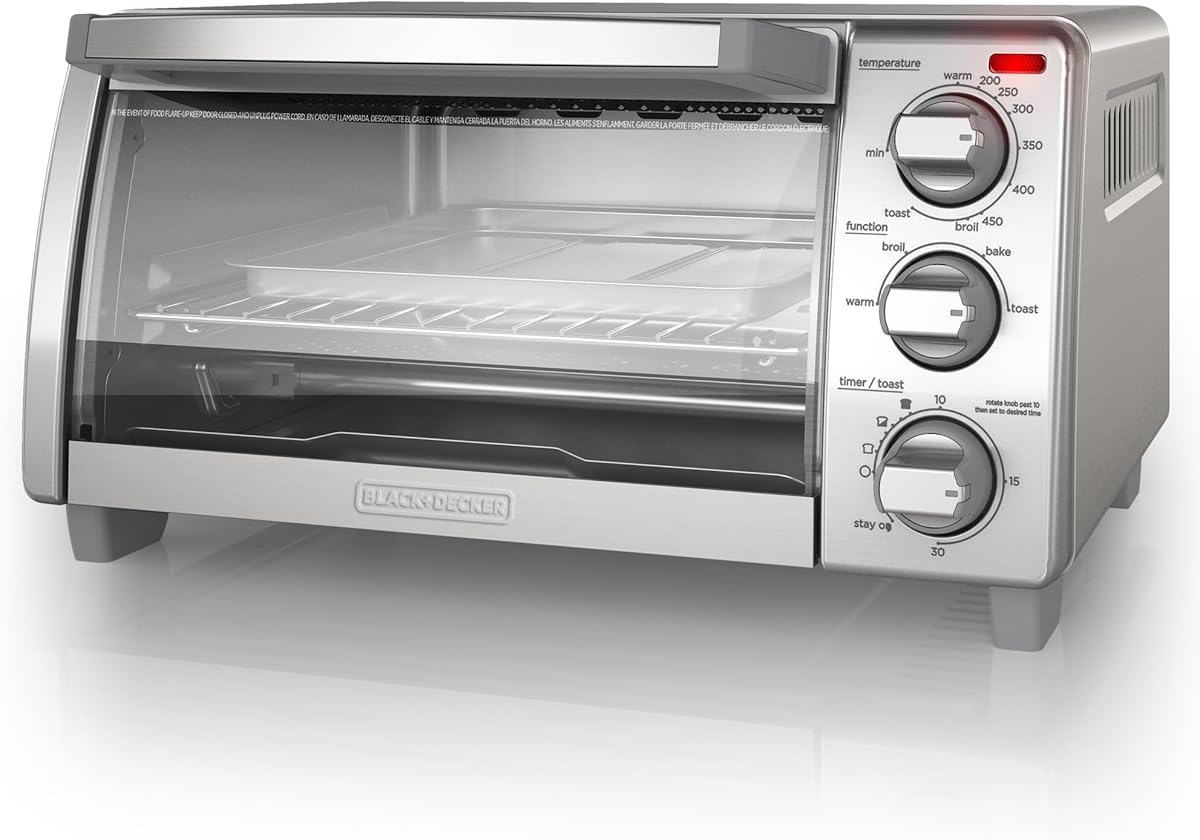 BLACK+DECKER 4-Slice Toaster Oven, TO1745SSG-1A, Even Toast, 4 Cooking Functions Bake, Broil, Toast and Keep Warm, Removable Crumb Tray, Timer