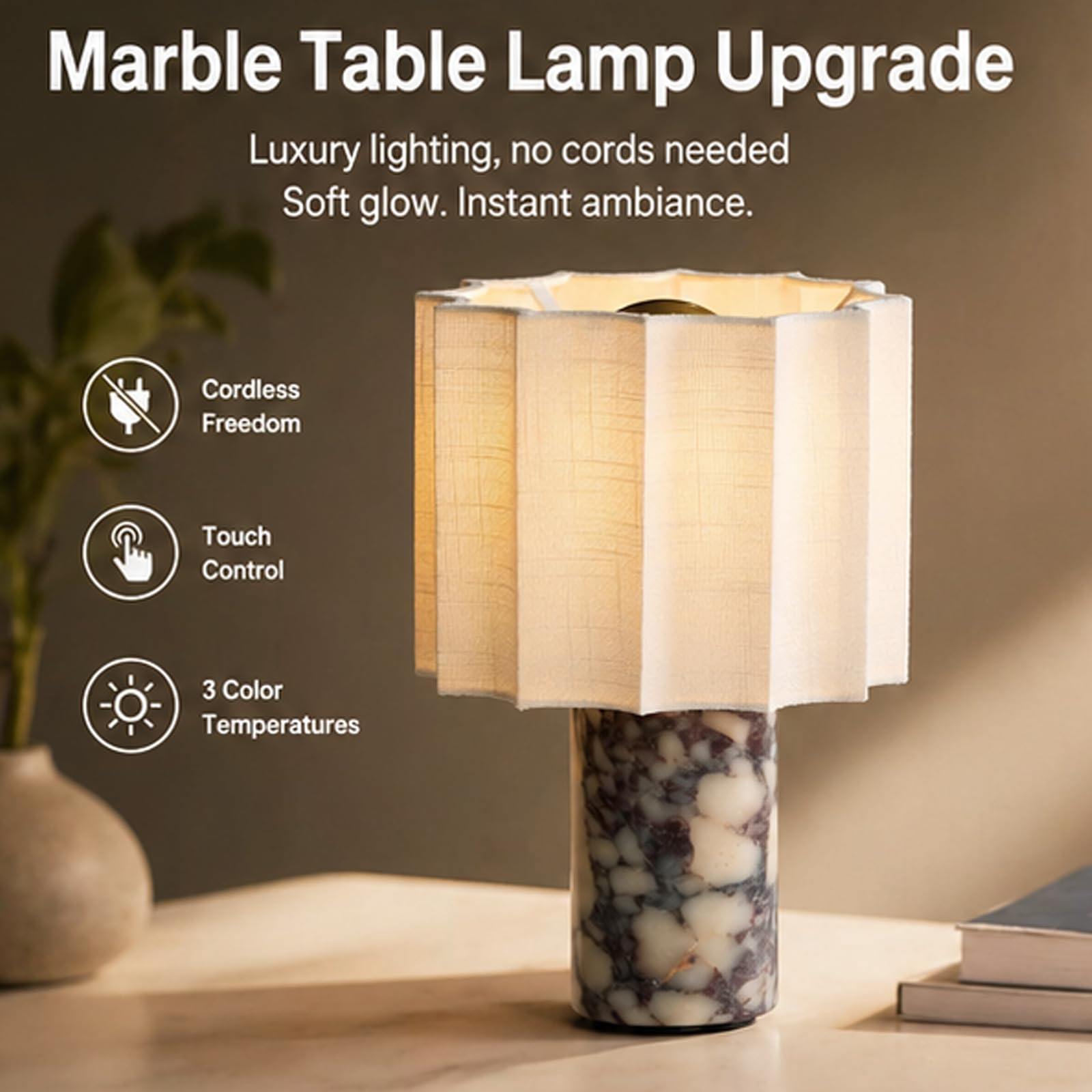 Touch Lampada da tavolo dimmerabile in marmo, luce notturna ricaricabile con luminosità a 3 velocità, paralume in tessuto per camera da letto, soggiorno, ufficio