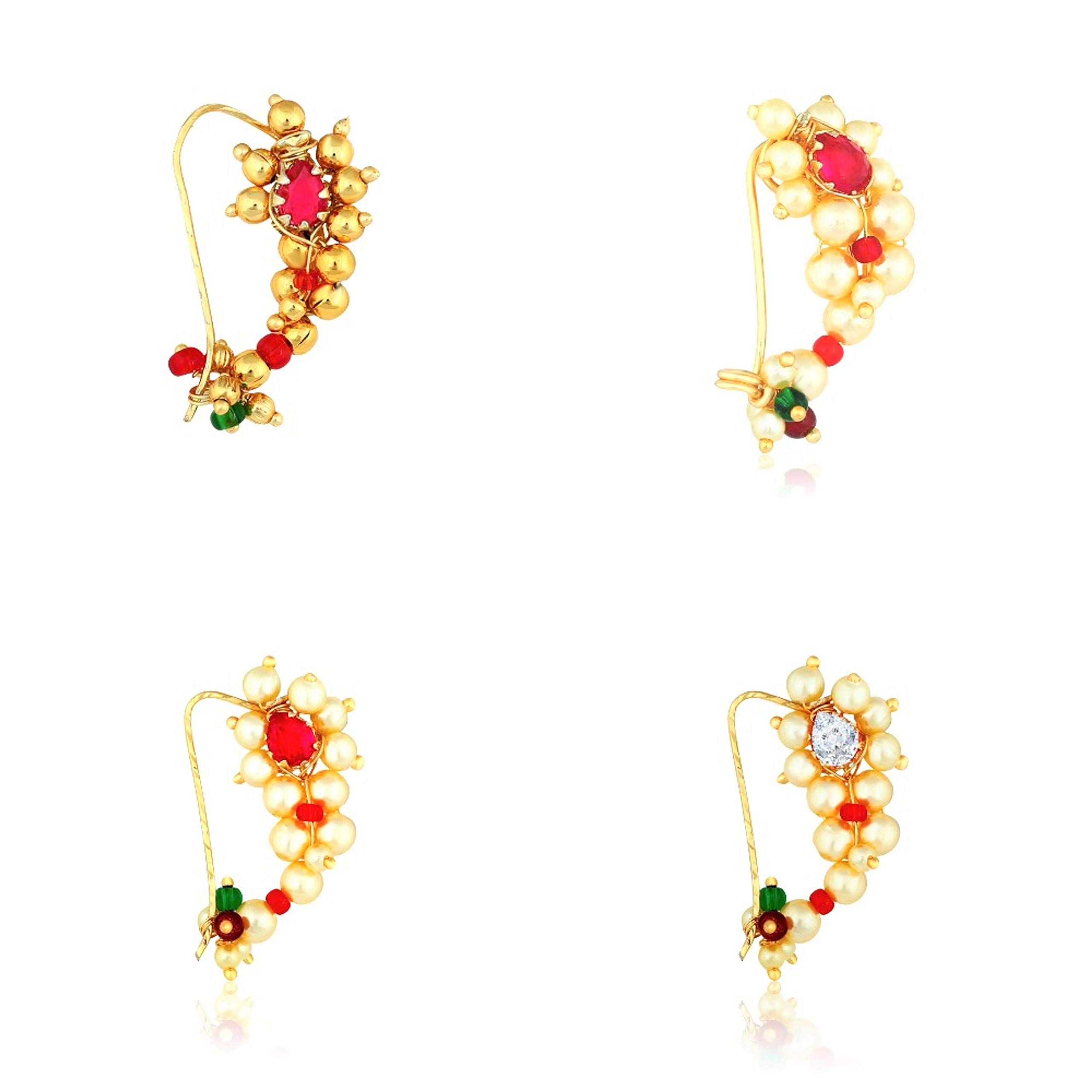 MEENAZ Maharashtrian Traditional Pearl Temple Jewellery marathi Banu Nathiya Nose pin Nath Nose Ring for Wedding Women Girls design Combo Gold Press Non pierced/pierced (4 pcs) -NATH COMBO-143 (B07XD4M2SM) Amazon Price History, Amazon Price Tracker