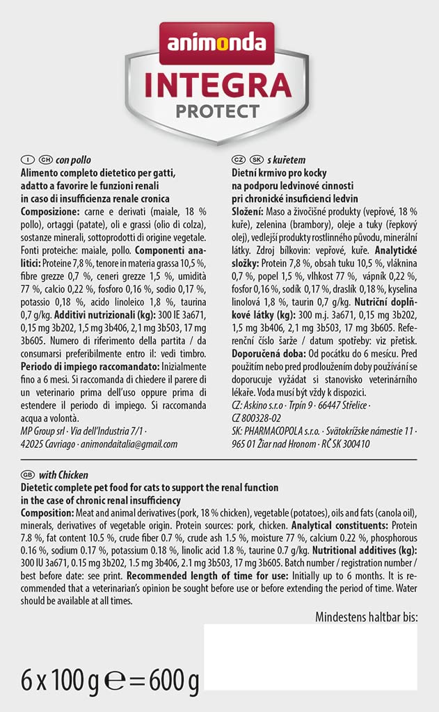INTEGRA PROTECT karma dla kotów mokra renal (nerki), kura (6 x 100 g), zalecana przez weterynarza w przypadku niewydolności nerek, karma uzupełniająca opracowana przez weterynarzy dla dorosłych kotów