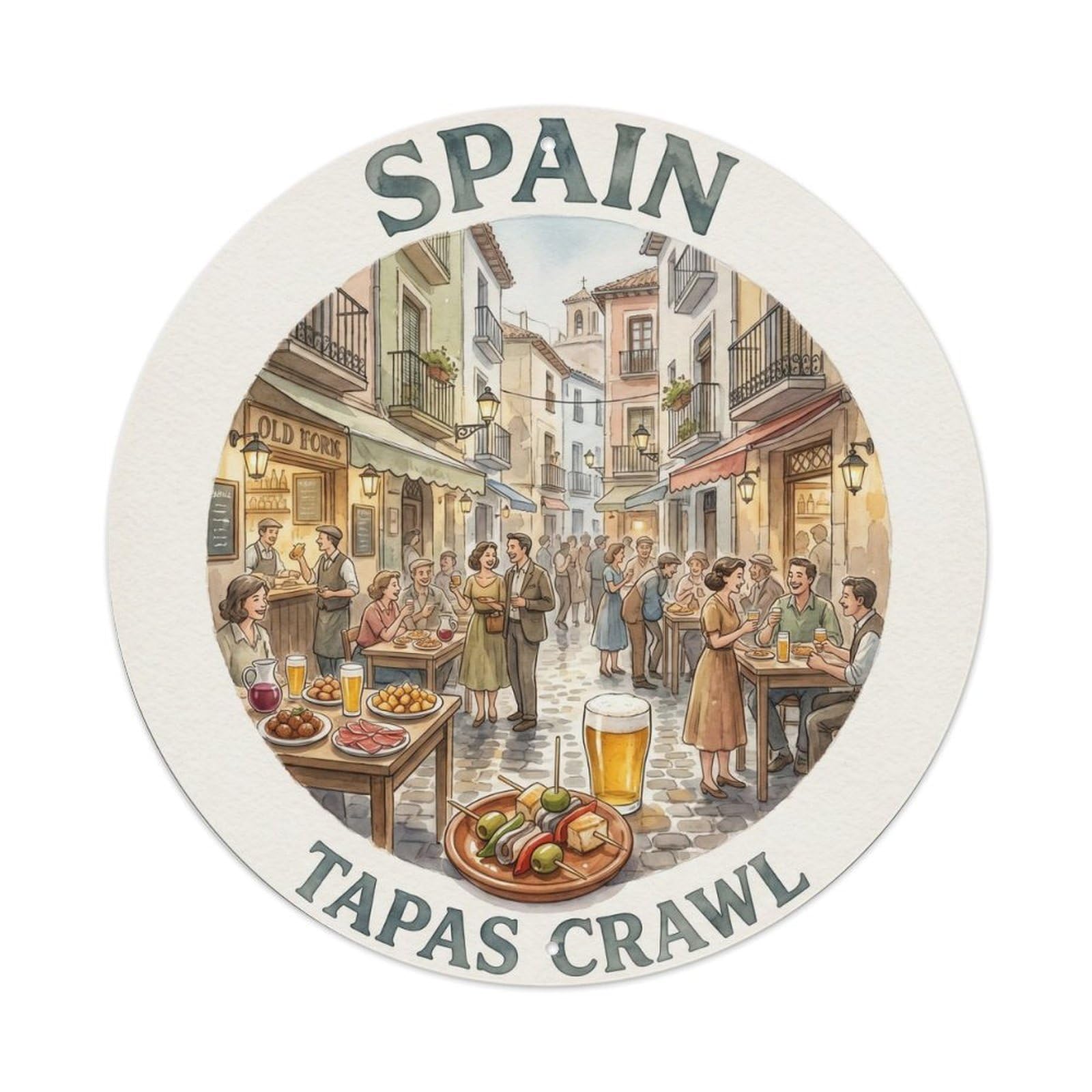 Benidorm Tapas Crawl Spain Watercolor Heritage Metal Tin Sign