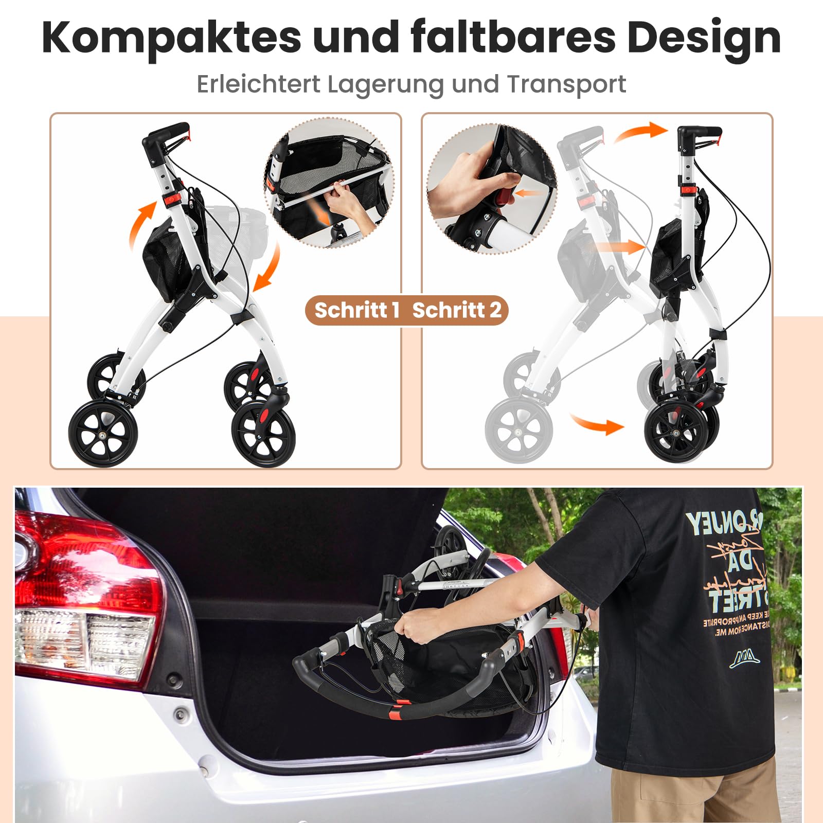 COSTWAY Rollator Schmal für Wohnung, Indoor Wohnungsrollator, faltbar und leicht, inkl. Tablett, Korb, 4 Rädern & Bremsen, 5-Fach höhenverstellbar, Gehhilfe für Senioren Verletzte, Weiß und Schwarz