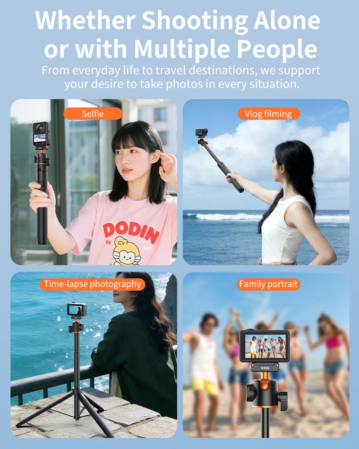 VRIG AC-40S Selfie Stick Stativ für DJI Osmo Action 5 Pro, Länge 33-140 cm, 1/4-Zoll-Schraube & Schnellverschluss-Adapterhalterung für DJI Osmo Action 4/3/Osmo 360