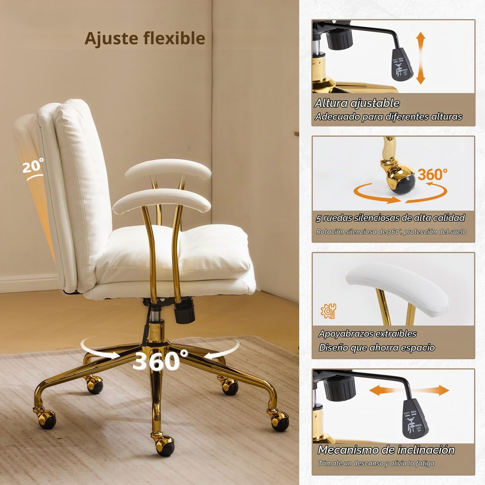Bonnlo Silla de Escritorio, Silla ergonómica con reposabrazos, Silla ejecutiva, Silla giratoria, Regulable en Altura y Función de Inclinación, Oficina en Casa, Cuero PU, Blanco