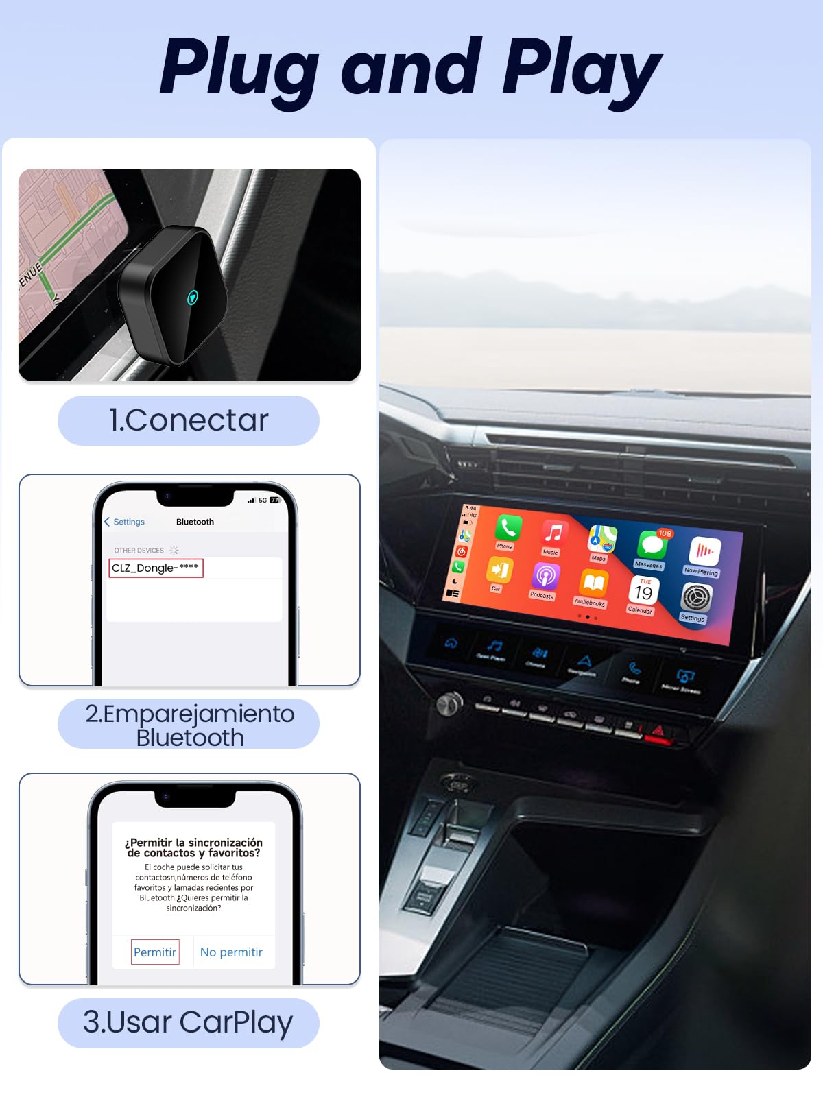T3 Mini Adaptador CarPlay Inalámbrico para iPhone, Convierte CarPlay con Cable en Inalámbrico, Plug & Play con Type-C/USB, Compatible con Coches Desde 2016, Adecuado para iPhone con iOS 10+ — view 4