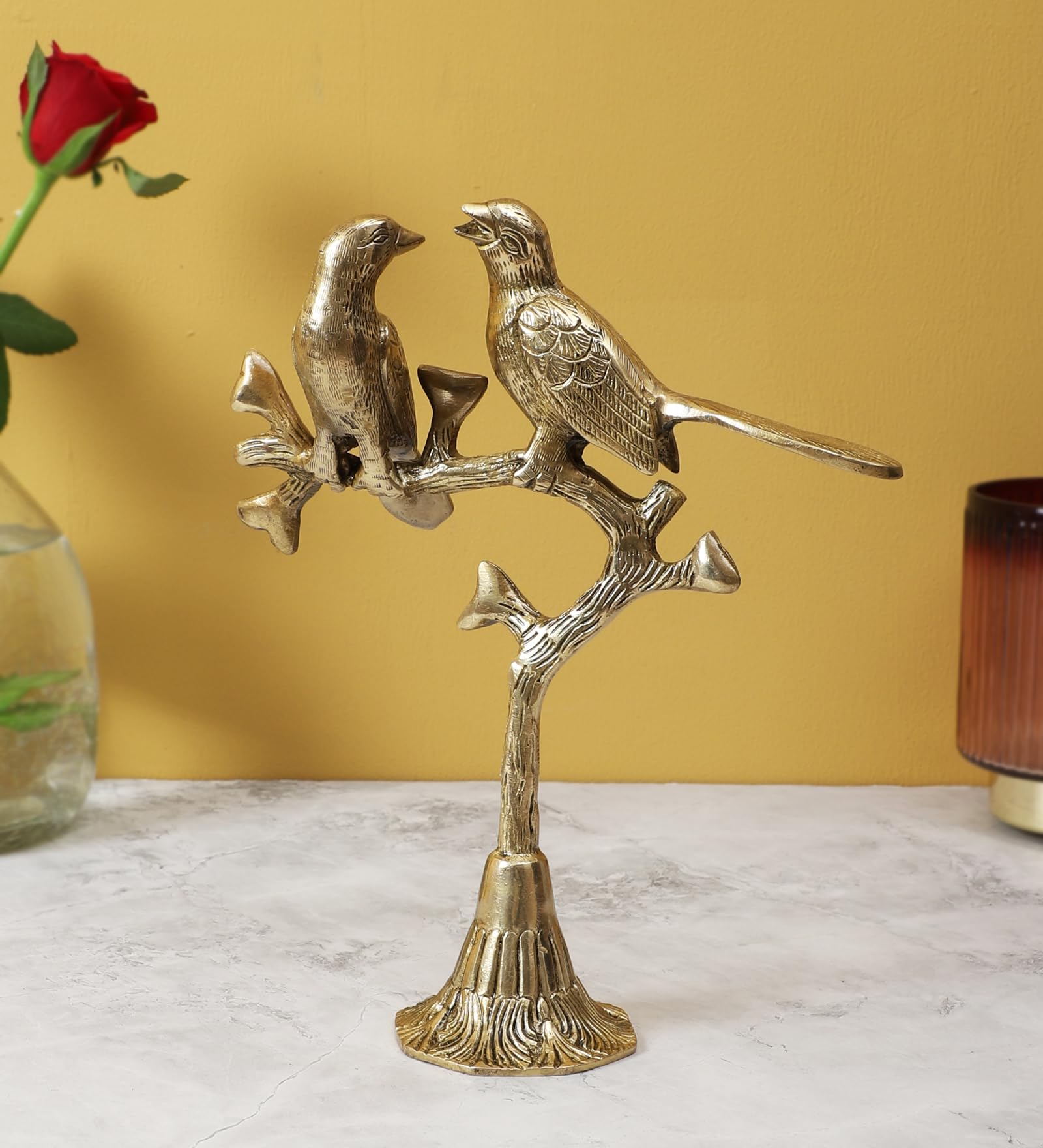 Two Moustaches Brass Love Birds on Tree Showpiece, Showpiece for