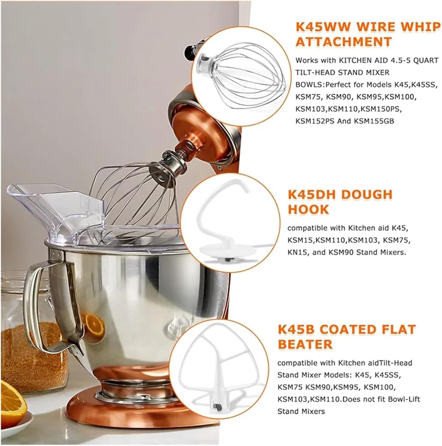Compatible for Stand Mixer, 3-Piece Replacement Set with Coated Paddle, Wire Whip & Dough Hook