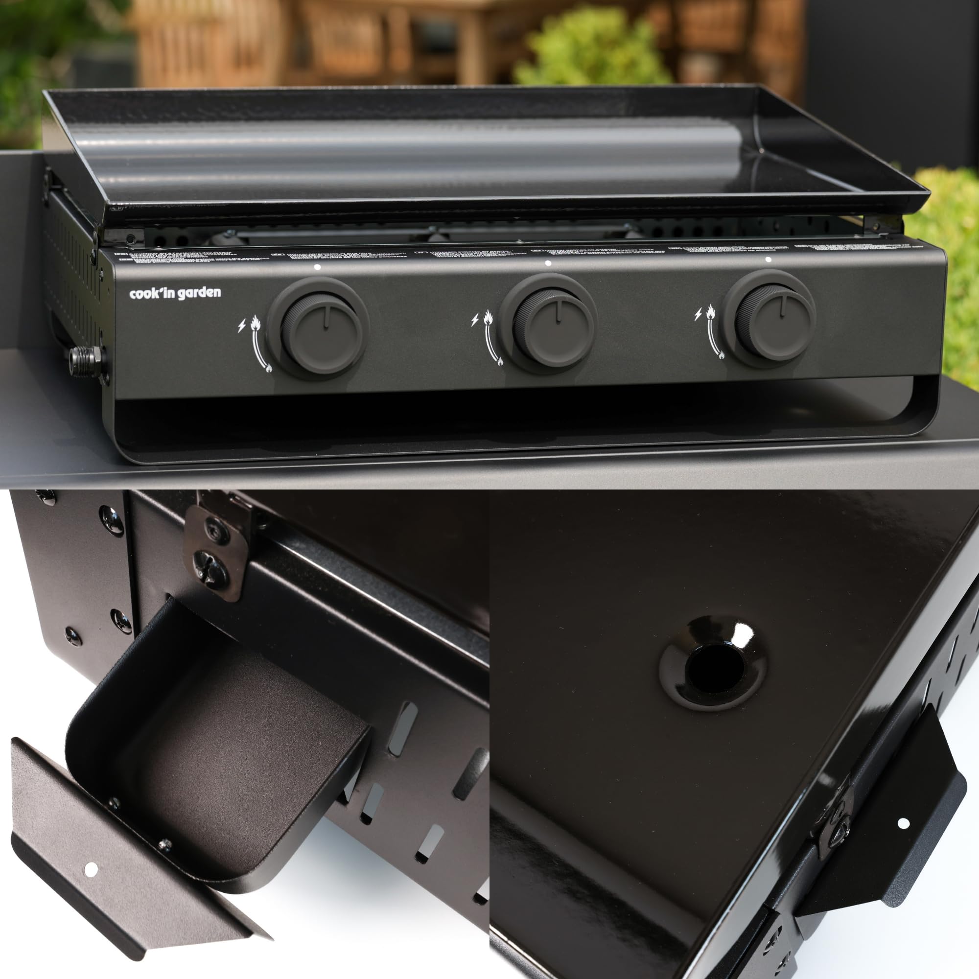 Cook'in Garden - Plancha Gaz Tempo, 3 Brûleurs 6 kW, Plaque en Acier Émaillé, Bac Récupérateur de Graisse Amovible, Idéal 10 Personnes, Idéal Terrasse et Jardin