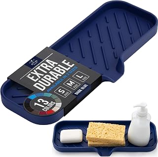 Zulay Kitchen Large Silicone Sponge Holder (12x4) – Flexible Sink Organizer Tray for Kitchen & Bathroom – Multipurpose Soap Dish for Sponges, Makeup, Trinkets & More (Dark Blue)