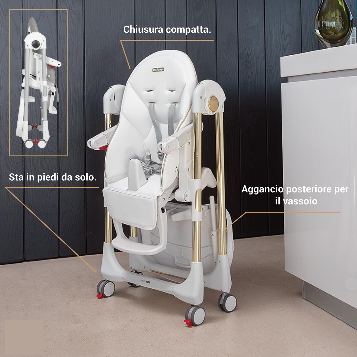 Peg Perego Prima Pappa Follow Me Seggiolone Pappa Neonati Reclinabile, Funzione Sdraietta, 4 ruote, Pieghevole e Ultracompatto, per Bambini da 0 a 3 Anni (0-15 kg), Ice