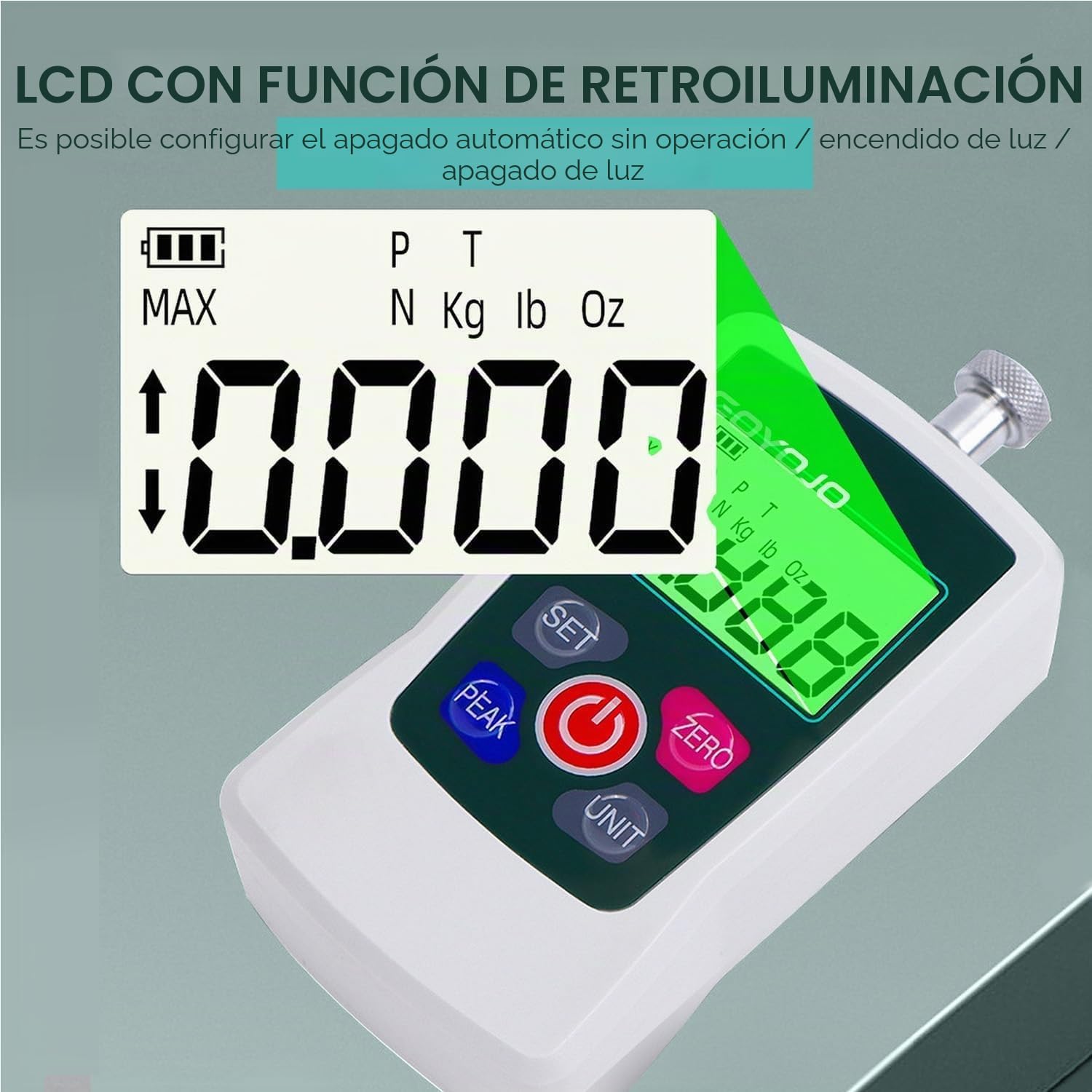 GOYOJO Medidor de Fuerza Digital, Dinamometro Push-pull de Alta Precisión para Ensayos de Tensión y Compresión Unidades (N, kg, lb, oz) Modos Tiempo Real/Pico/Primer Pico para Control de Calidad (50N)
