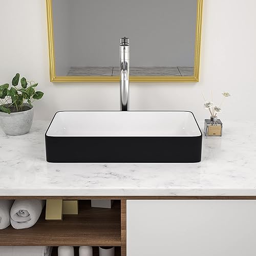 Miniatura 3 de Beslend - Fregadero de baño de porcelana de cerámica rectangular de 24 x 14 pulgadas sobre mostrador, lavabo de arte blanco y negro
