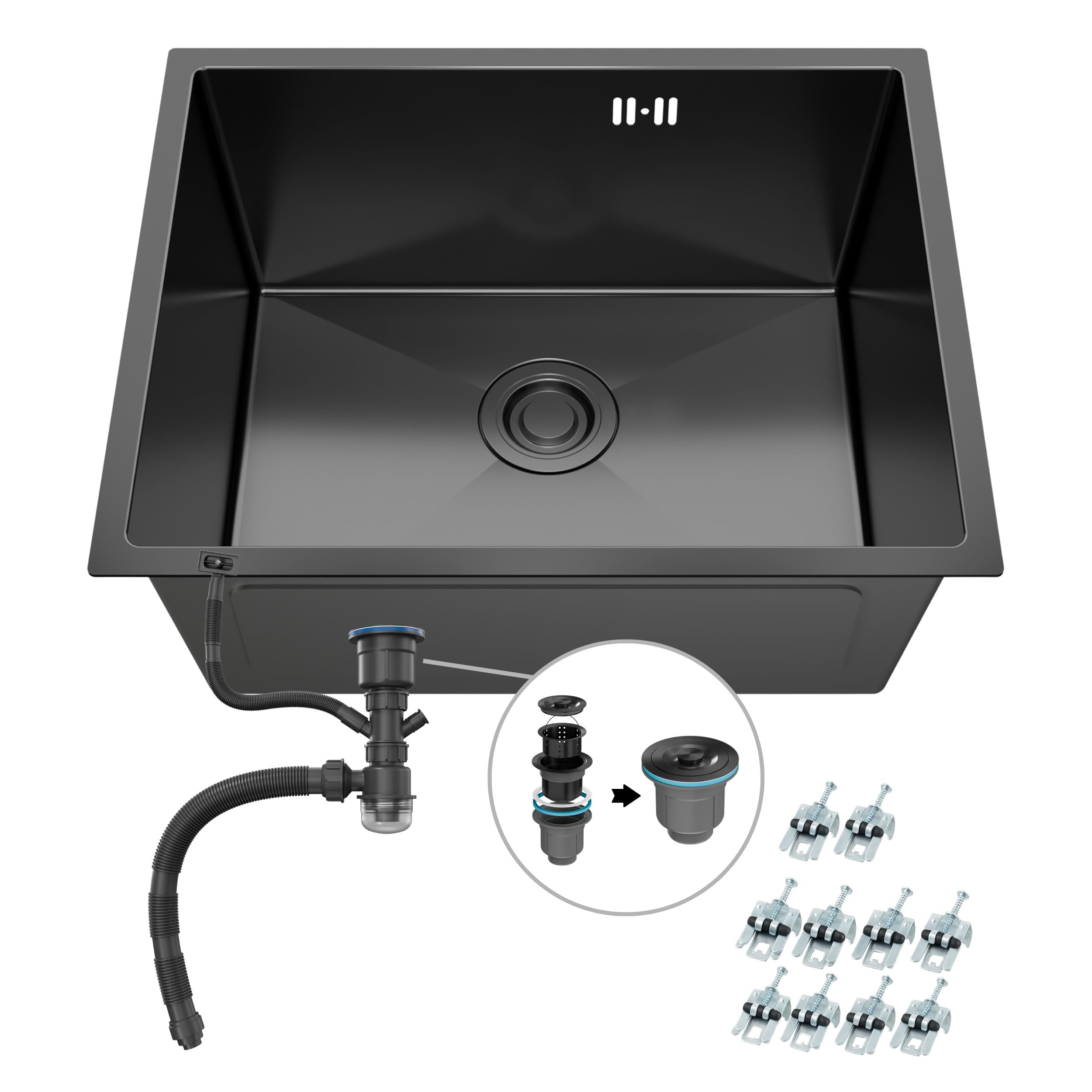 ANW HOME Kitchen Sink Stainless Steel 304, Single Bowl Kitchen Sink Inset or Undermount 47x45 cm, Graphite PVD Nano-Coating, Thickness 3.0+1 mm, 22 cm Deep, with Siphon โ image 1