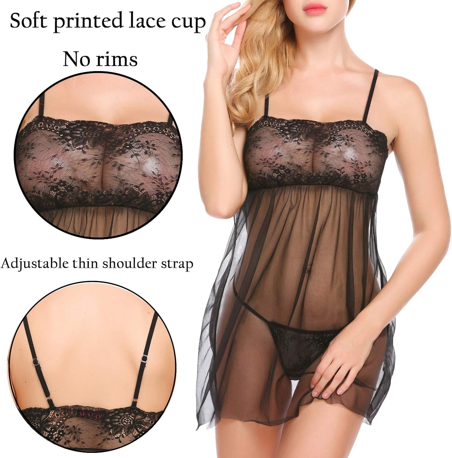 ADOME Women Lace Babydoll Lingerie Deep V Neck Strap Chemise Bow Sheer Nightwear: Clothing, Shoes & Jewelry