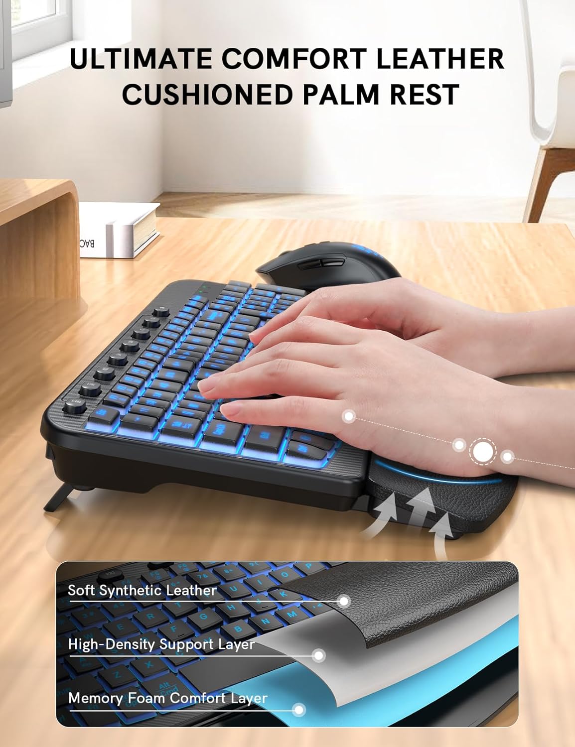 Ergonomic Wireless Keyboard and Mouse Combo - Wave Keyboard with Soft Leather Wrist Rest, RGB Backlit, Silent Rechargeable Set for PC, Laptop, Windows, Mac, Chromebook, SABLUTE (Black)