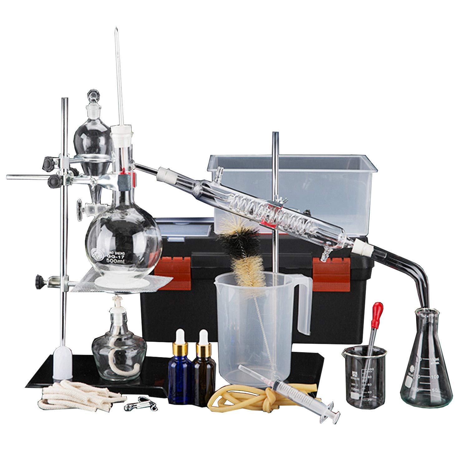 Juego De Unidades De Destilación Cristalería De Laboratorio Ciencia 500ml Destilador Purificación De Rocío Puro Fabricación De Aceites Esenciales Alcohol Filtro De Agua Destilada Equipo De 44pcs Set