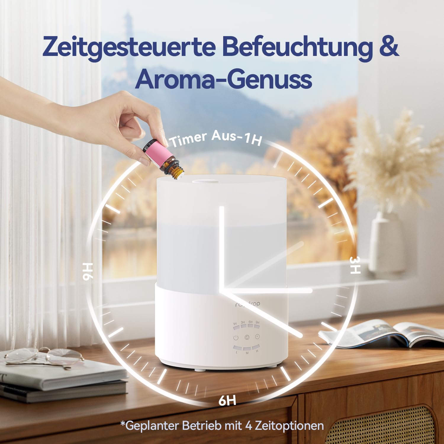 raydrop Luftbefeuchter 3L Ultraschall Cool Mist Top-Fill für große Räume Aroma Diffusor LED-Licht Timer Auto-Abschaltung