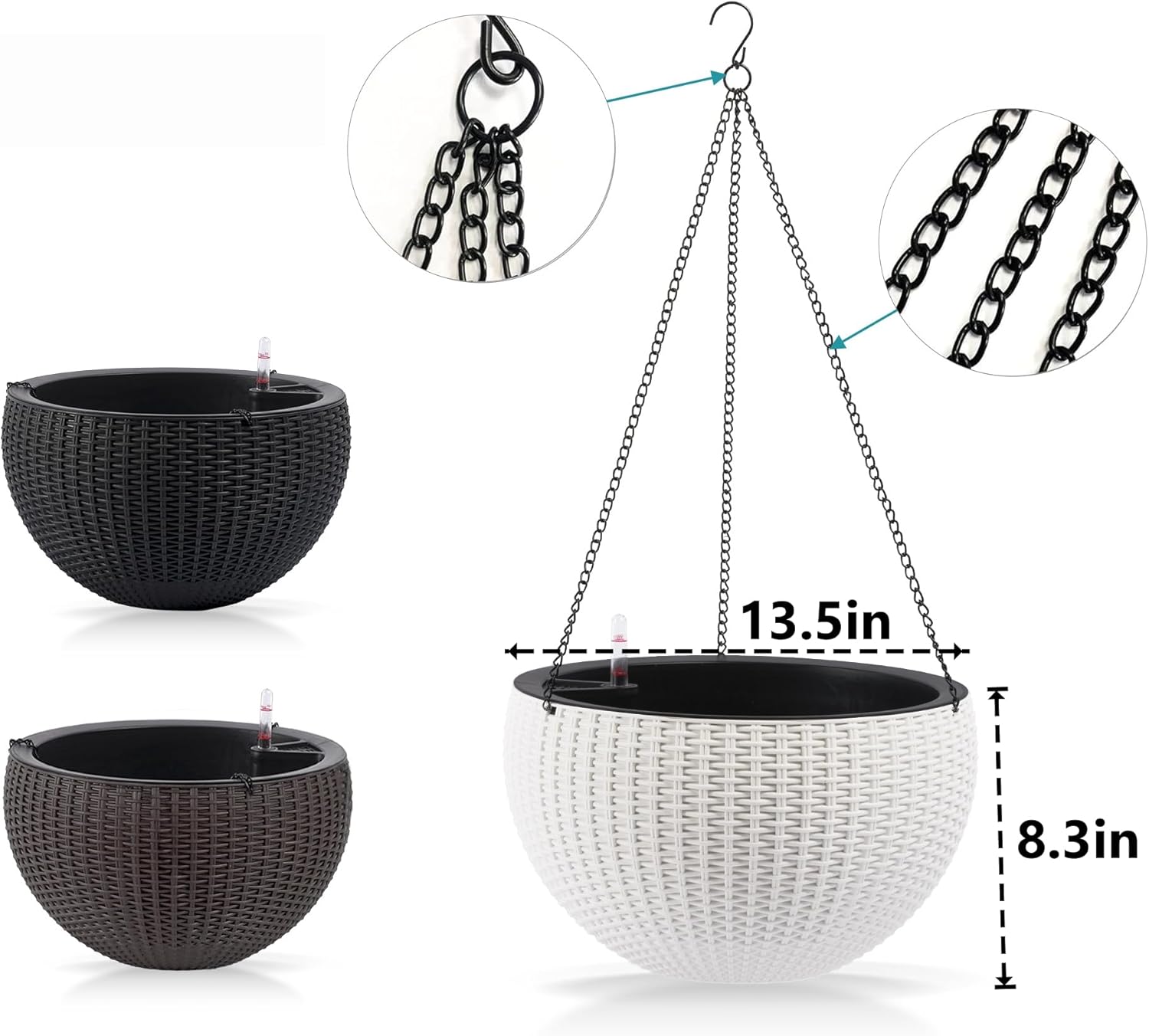 13.5 inch 2Pack Large Hanging Planters for Outdoor/Indoor Plants, Self Watering Hanging Pot with Water Level Indicato, Drainage Holes and Chain for Garden Porch, White