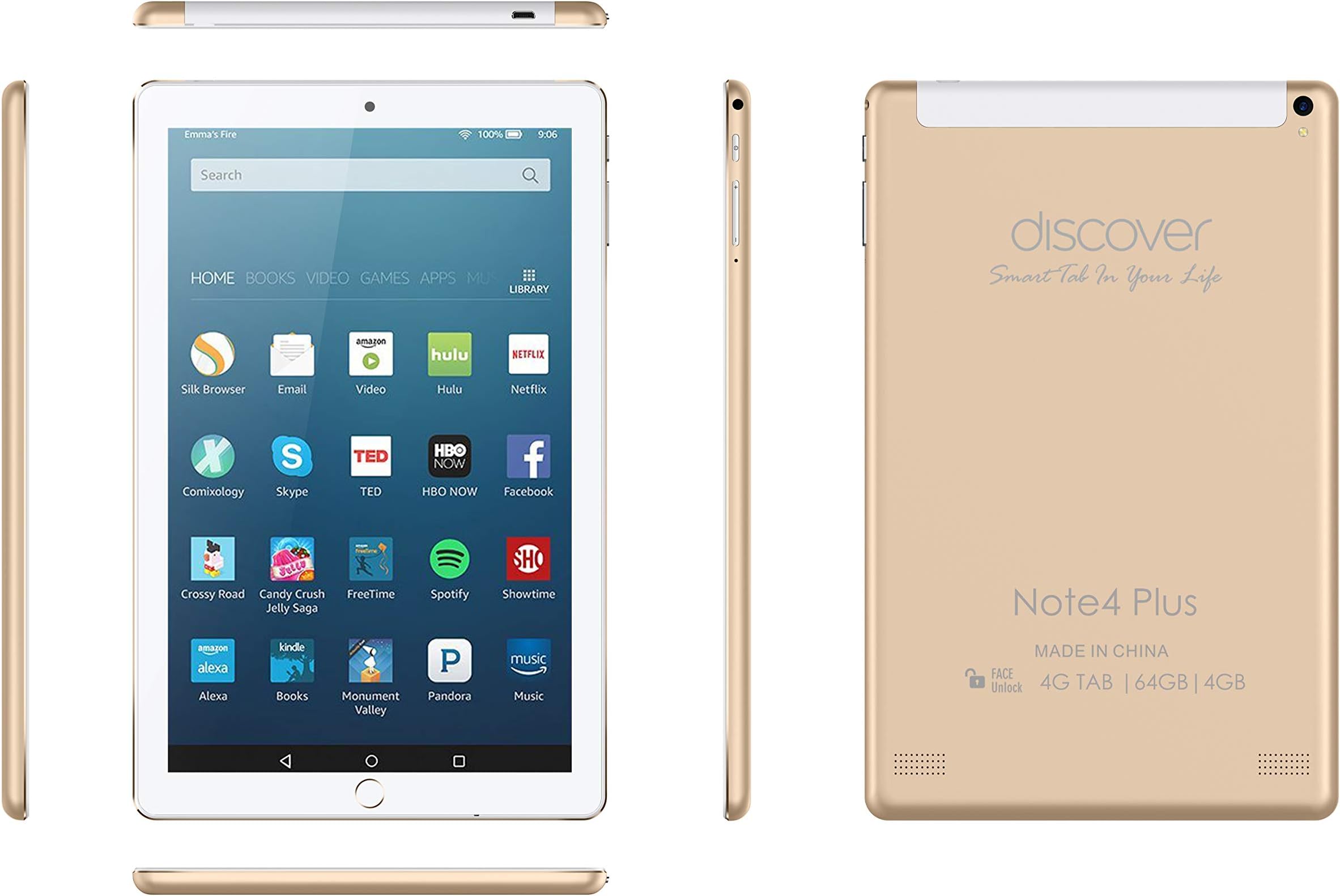 Discover Note 4 Plus, Quad Core, Dual Sim, Dual Camera,Tablet 10.1 Inch smart tablet pc, Android 8.1, 64GB, 4GB DDR3, 4G LTE, Wi-Fi,FLIP Cover,(Gold)