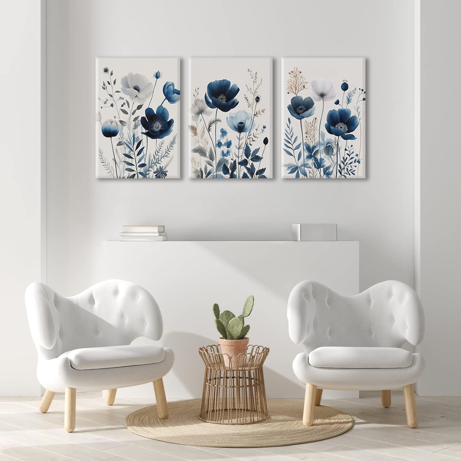 BingruiArt Navy Blue Canvas Wall Art Blue and Gray Boho Flower Wall Decor Floral Watercolor Art Prints Pictures Painting for Living Room Bedroom Bathroom 3Pcs 16x24in Framed