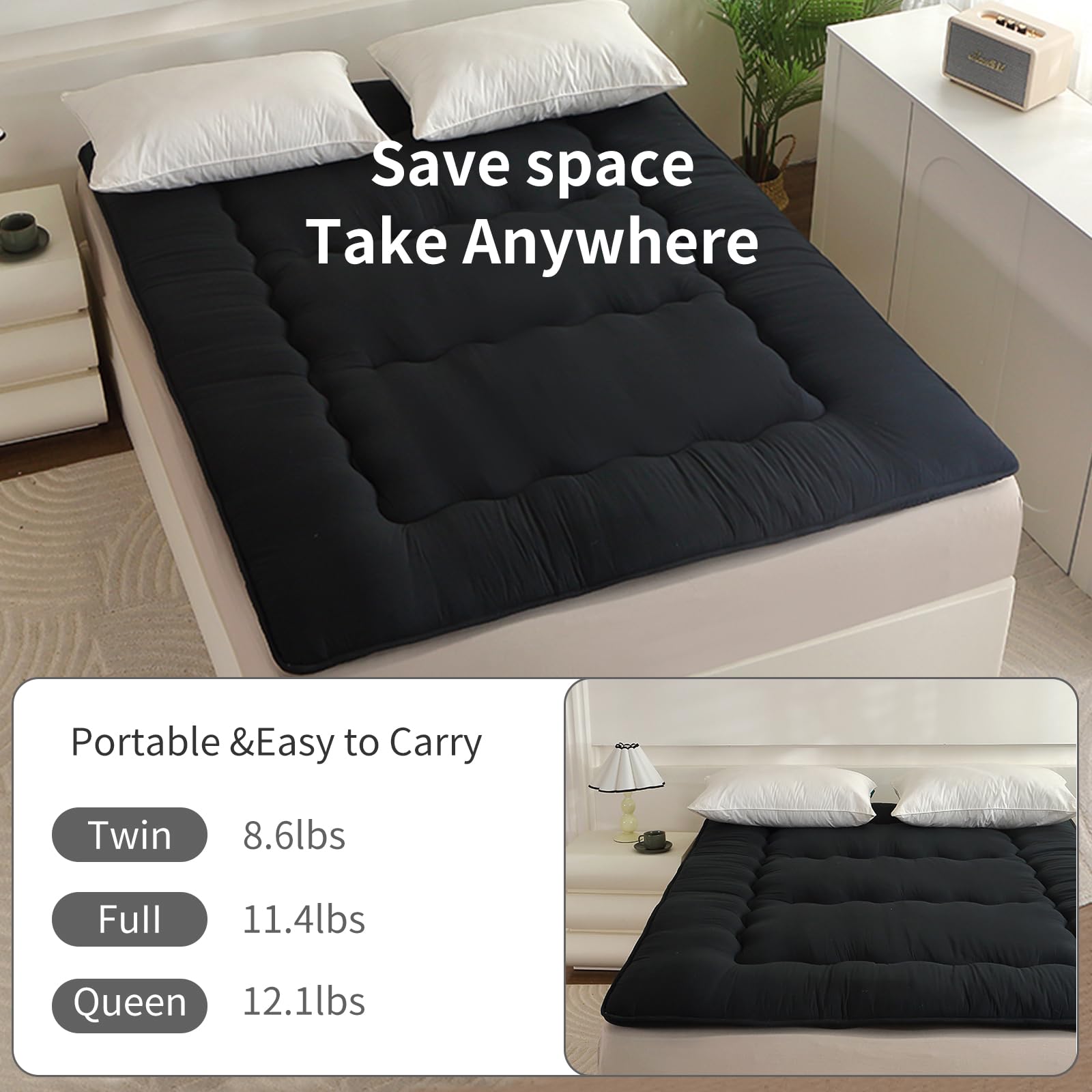Colchón futón, colchón japonés, cama de suelo japonesa, cama de tatami plegable, colchón enrollable para habitación de invitados, dormitorio (azul marino, colchón queen (152 x 203 cm)