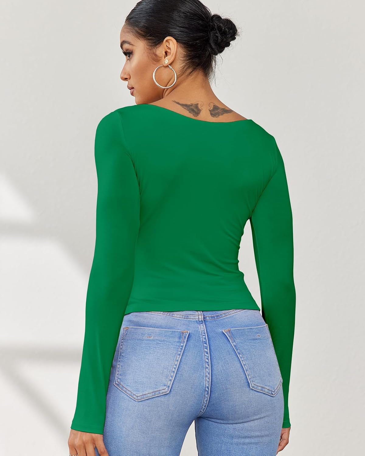 Dwnval Long Sleeve Shirts for Women - Basic Slim Fit Double Lined Square Neck Crop T Shirt - Image 2
