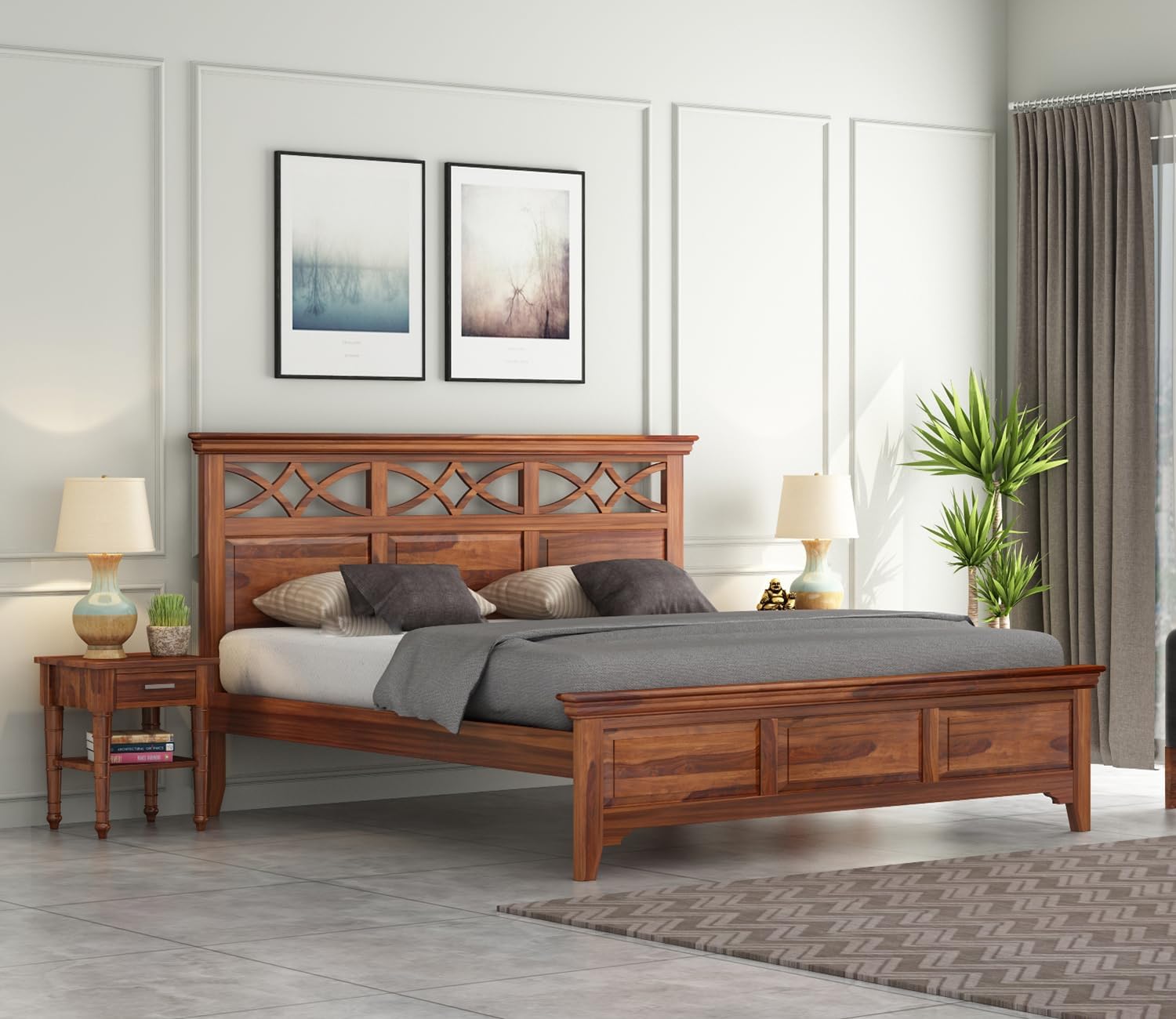 Solid Sheesham Wood King Size Double Bed Cot Without Storage for Bedroom Solid Wood Cot Palang Bedroom Furniture Rosewood Honey Brown Finish-image-45