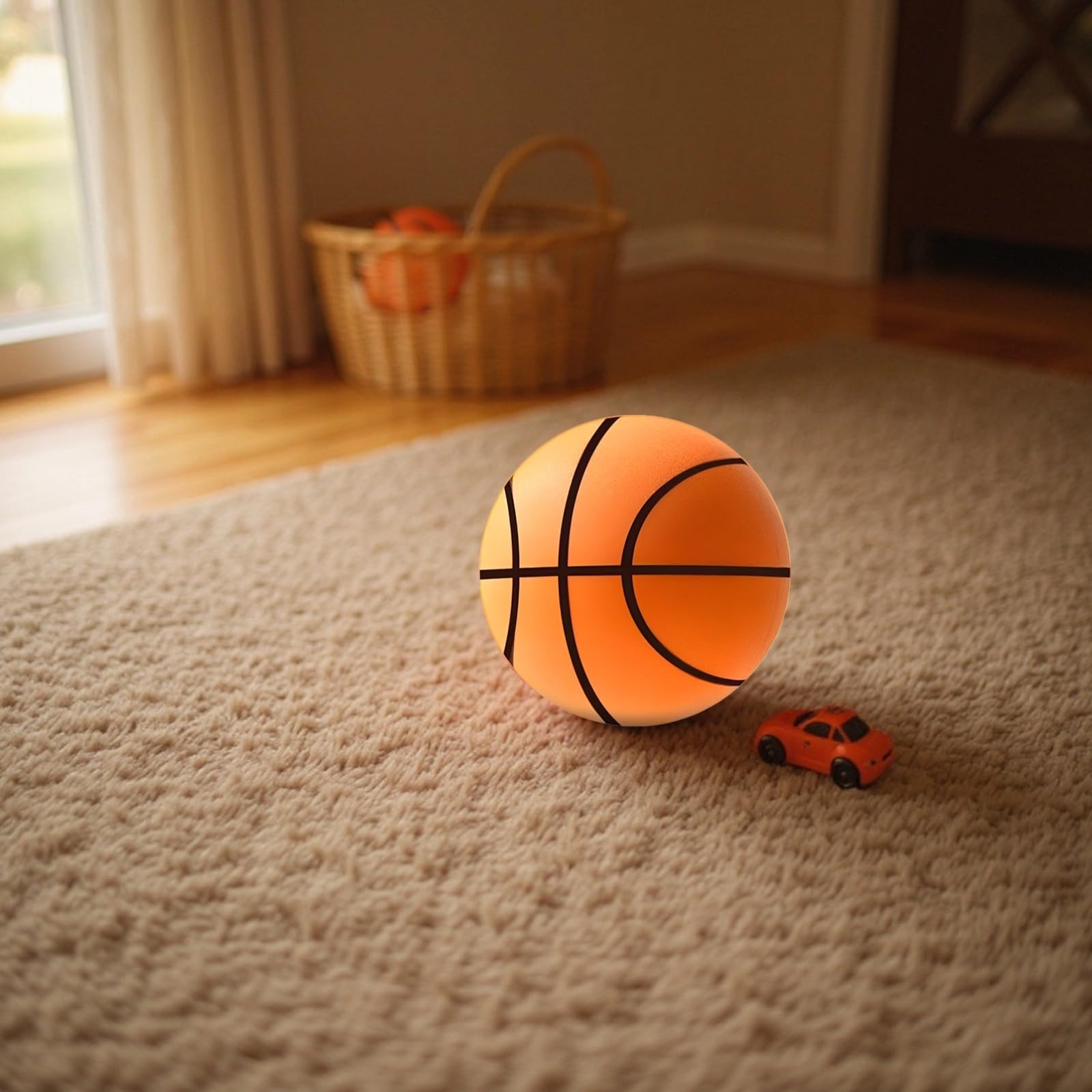 PONDON Balón de baloncesto silencioso de espuma suave, 7 rayas naranjas con borde y red para el hogar, sin ruido, pelota de regate interior, material de poliuretano para jugadores jóvenes
