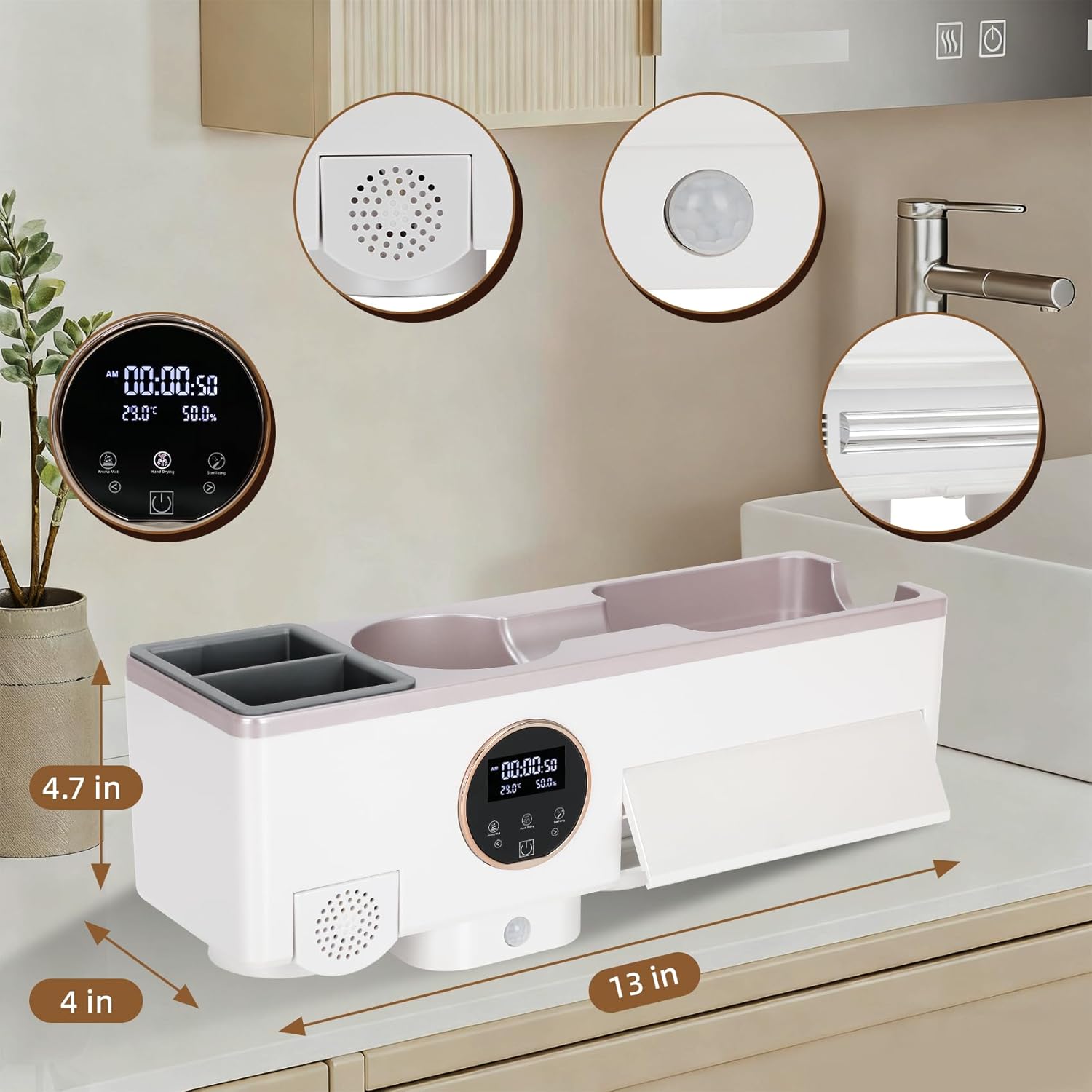 Toothbrush Holder Cleaner, Smart Automatic Toothbrush & White Hair Dryer Holder, Sensor Light, Touch Screen Timer, Bathroom Wall Accessories Organizer - Image 5