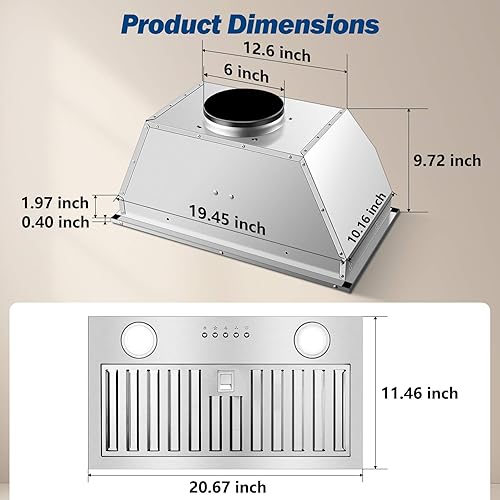 Miniatura 4 de Inserto de campana extractora de 20 pulgadas, 600 CFM, acero inoxidable, sin conductos, convertible, ultra silencioso, campana extractora de cocina