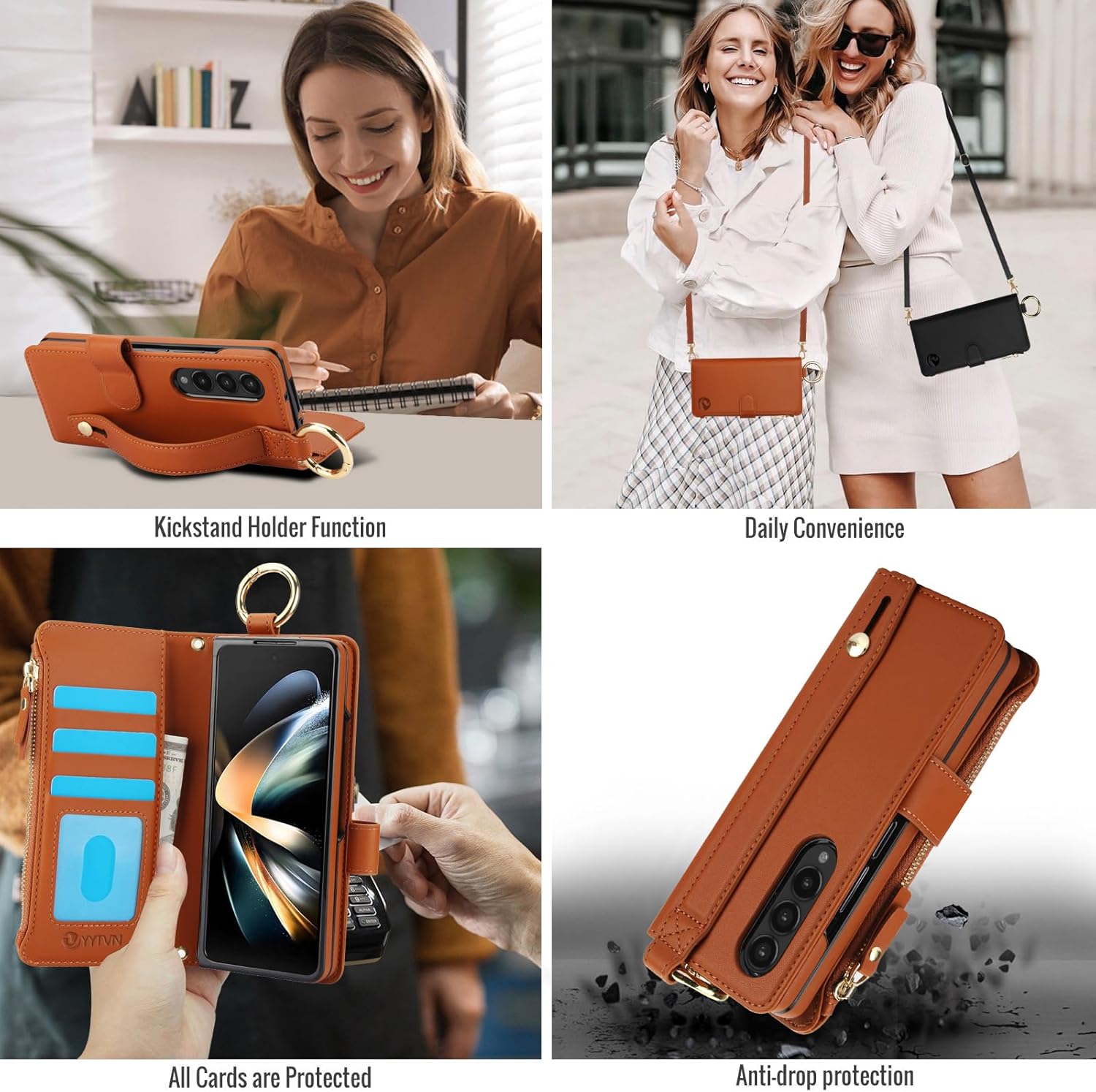 for Samsung Galaxy Z Fold 4 Case Wallet with RFID Blocking Card Holder and Shoulder Strap Wrist Strap, Multi-Function Stylish Ring Zipper Purse Case for Galaxy Z Fold 4, Brown
