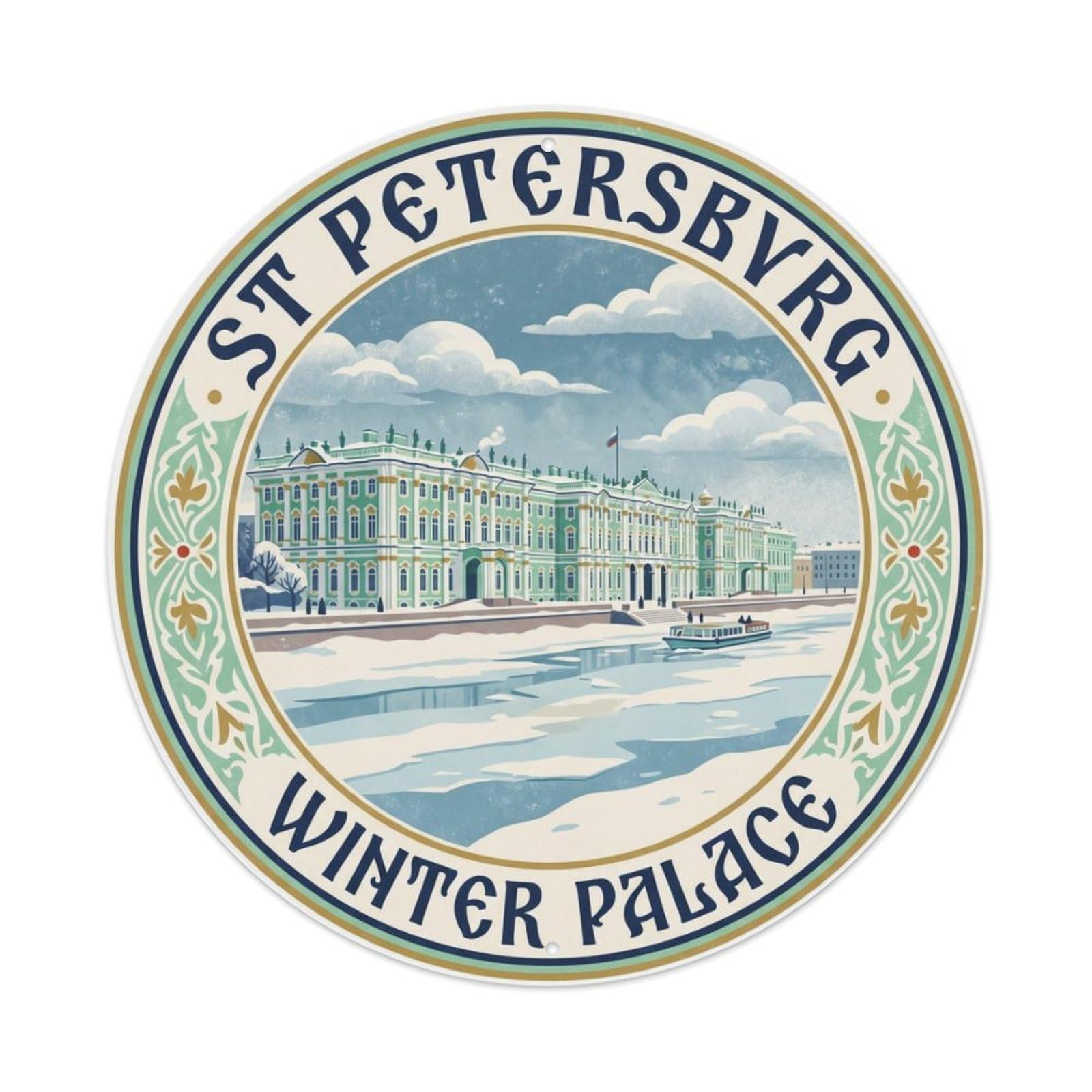 Vintage Travel Palace Russia Winter Metal Tin Sign Plaque Wall Decor for Cafe, Club, Garden Round Metal Poster 8x8Inch