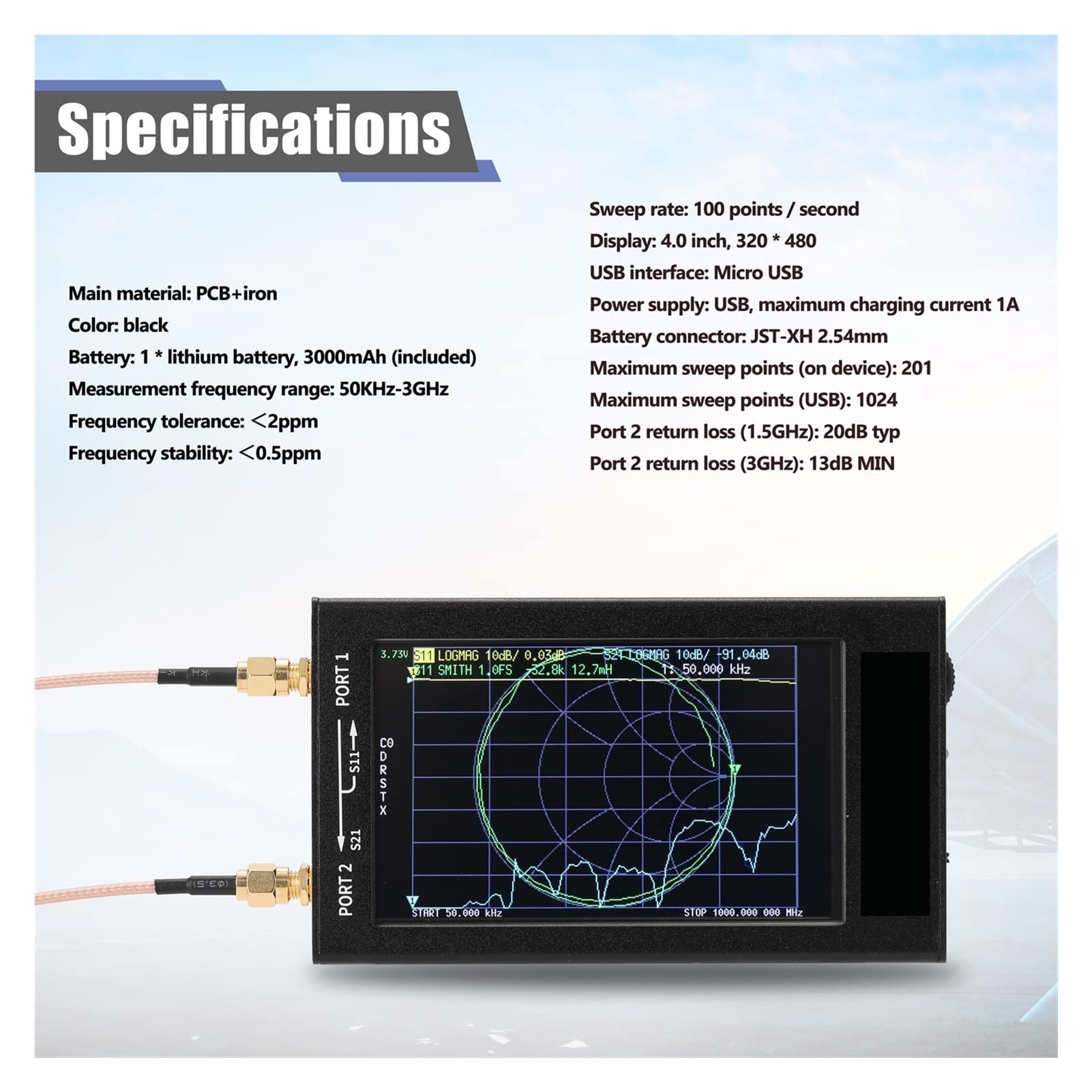 Analizador de espectro, Analizador de red vectorial portátil 0KHz-3GHz Pantalla digital Táctil Worttwave MF HF VHF UHF Ondas stand antena analizador(4.0 inch 50KHz-3GHz)