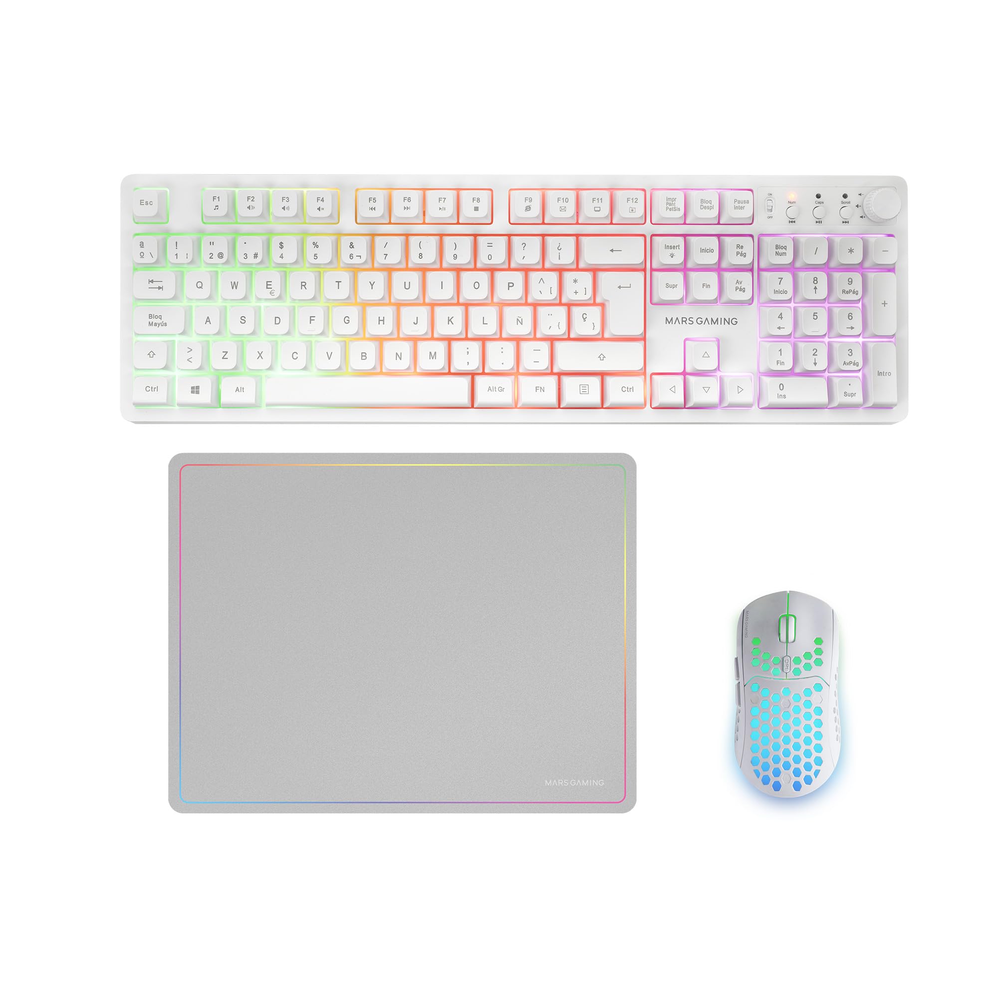 Mars Gaming MCPWX, Spanish, Wireless Gaming Combo, DualPro Link 2.4GPRO Technology, FRGB Full Keyboard with Multimedia Control + RGB Mouse 3200DPI + Non-Slip Mat 360x260mm, White