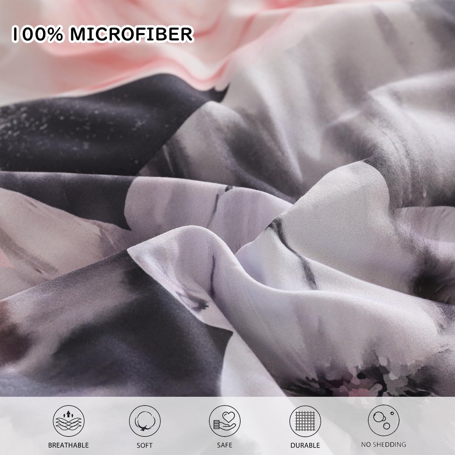 Yogeneg King Size Comforter Set 7 Piece Bed in a Bag,Pink Black Floral Botanical Pattern Blush Bedding Set,Soft Microfiber Comforter with Sheet Set,All Season Bed Set(Pink Black,King) - Image 5