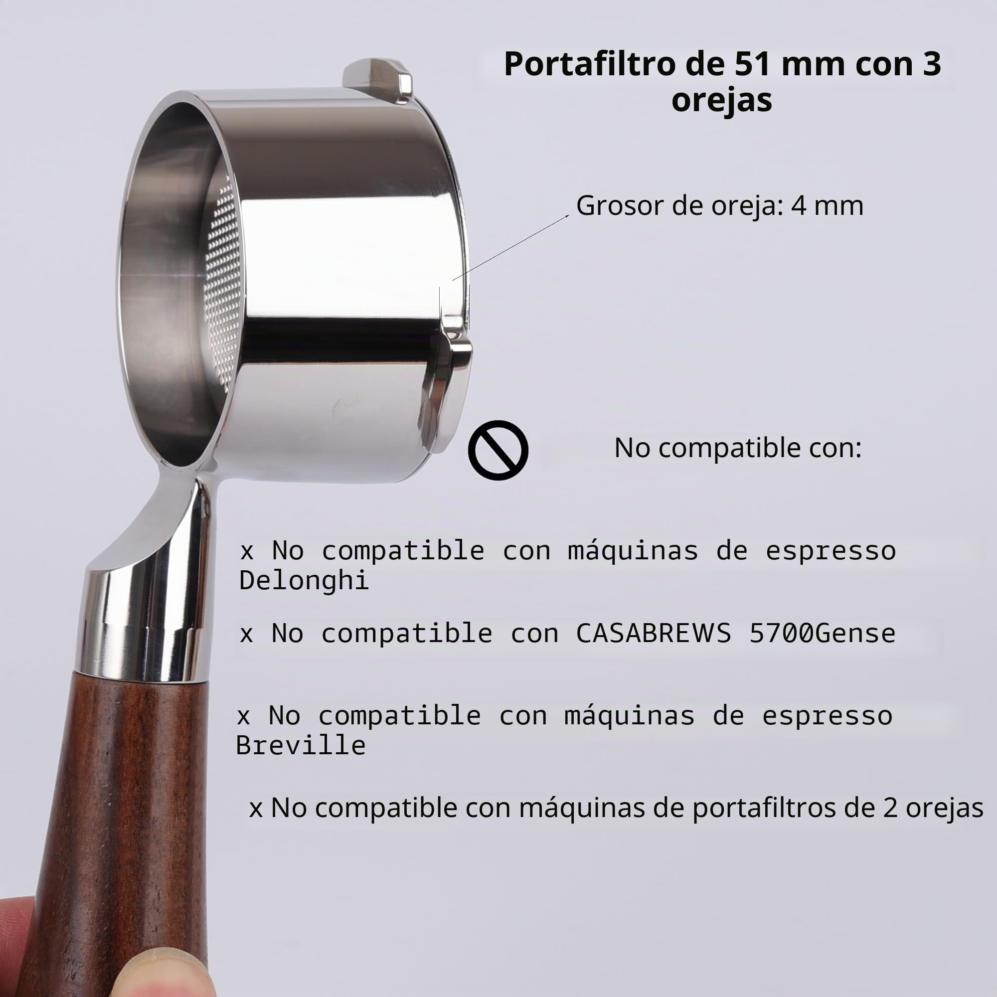 CAPFEI Portafiltro sin fondo de 51 mm para Casabrews CM5418/Cecotec Power Espresso 20 con 3 orejas de 4 mm de grosor y mango de madera