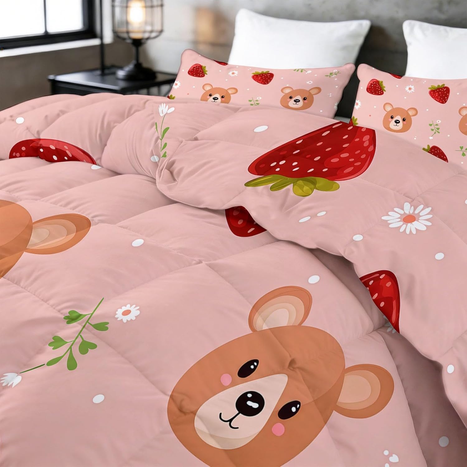 Pink Animals Bear Strawberry Leaves Thin Summer Twin Comforter 68" x 90", Cartoon Style Lightweight Quilt Bedding Set - Soft Breathable Duvet for Hot Sleepers, Kids Boys Girls Bedroom Guest Room Decor