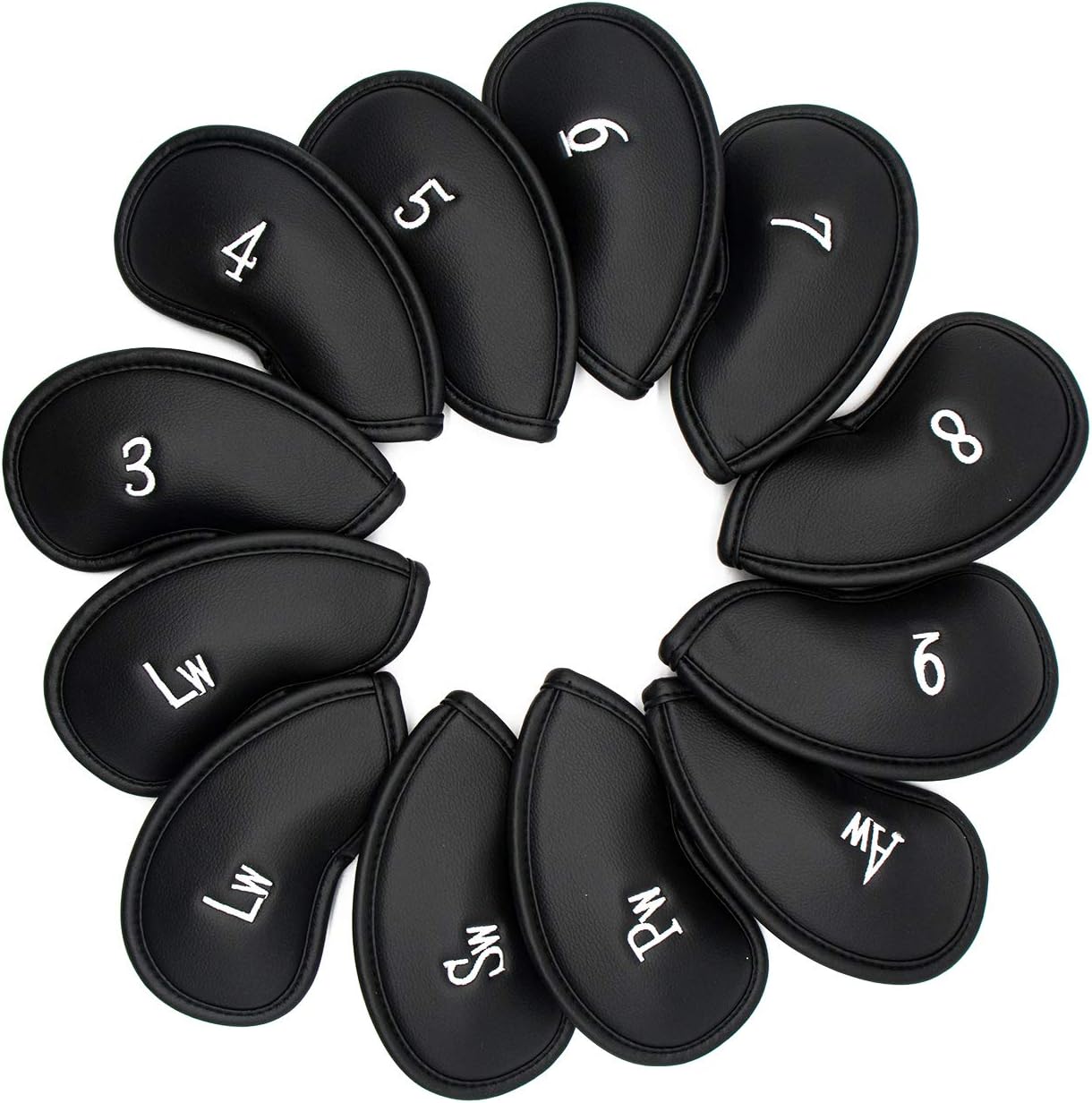 12pcs Golf Iron Head Covers - Thick Synthetic Leather Golf Club Headcover Set Fit All Brands by KUWAN (Black)