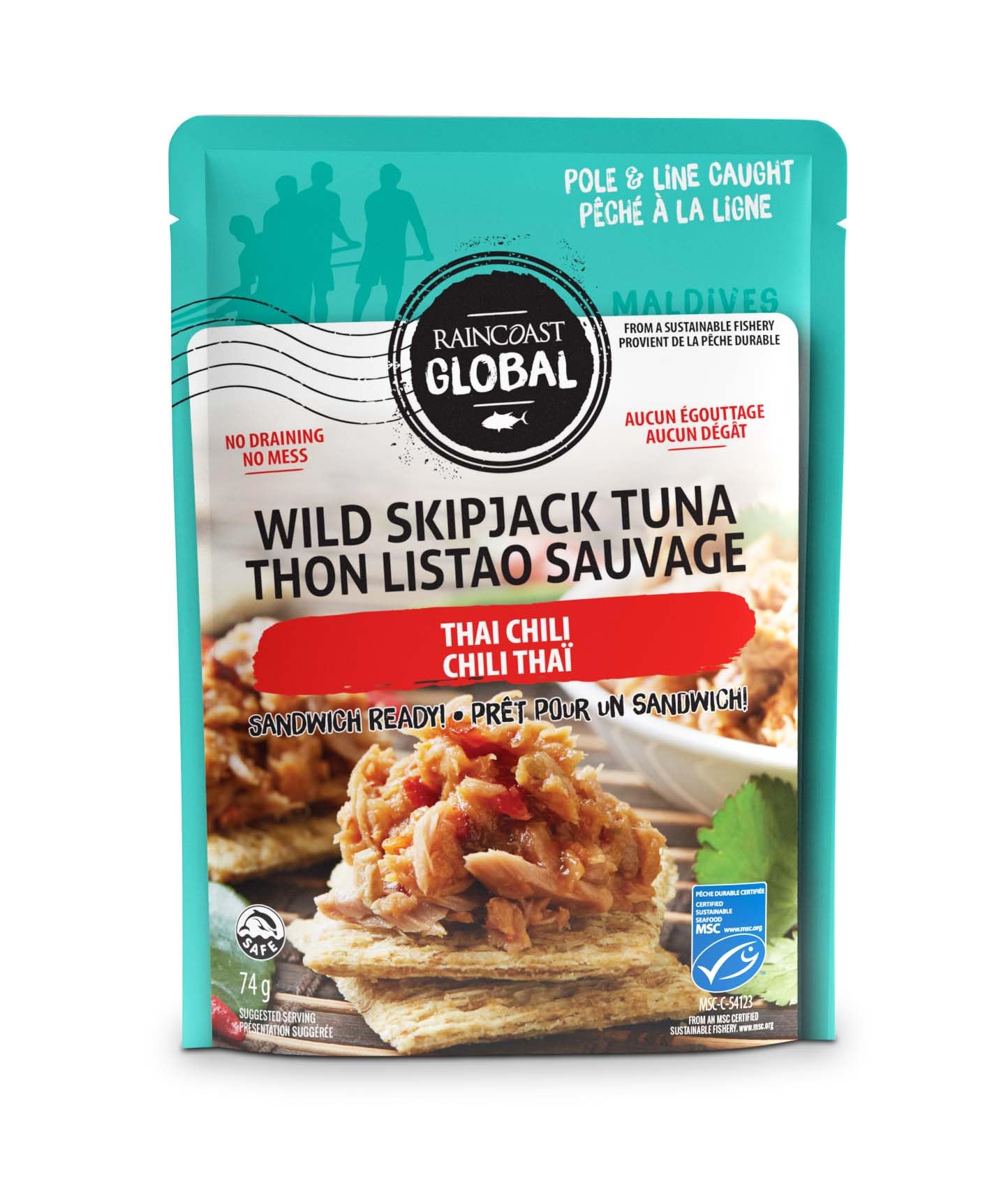 Raincoast Trading Global Wild Skipjack Tuna Pouches Thai Chili Wild Caught Certified Sustainable Pole and Line High Protein Ready to Eat Meal Prep - Pack of 6 2.6oz Pouches