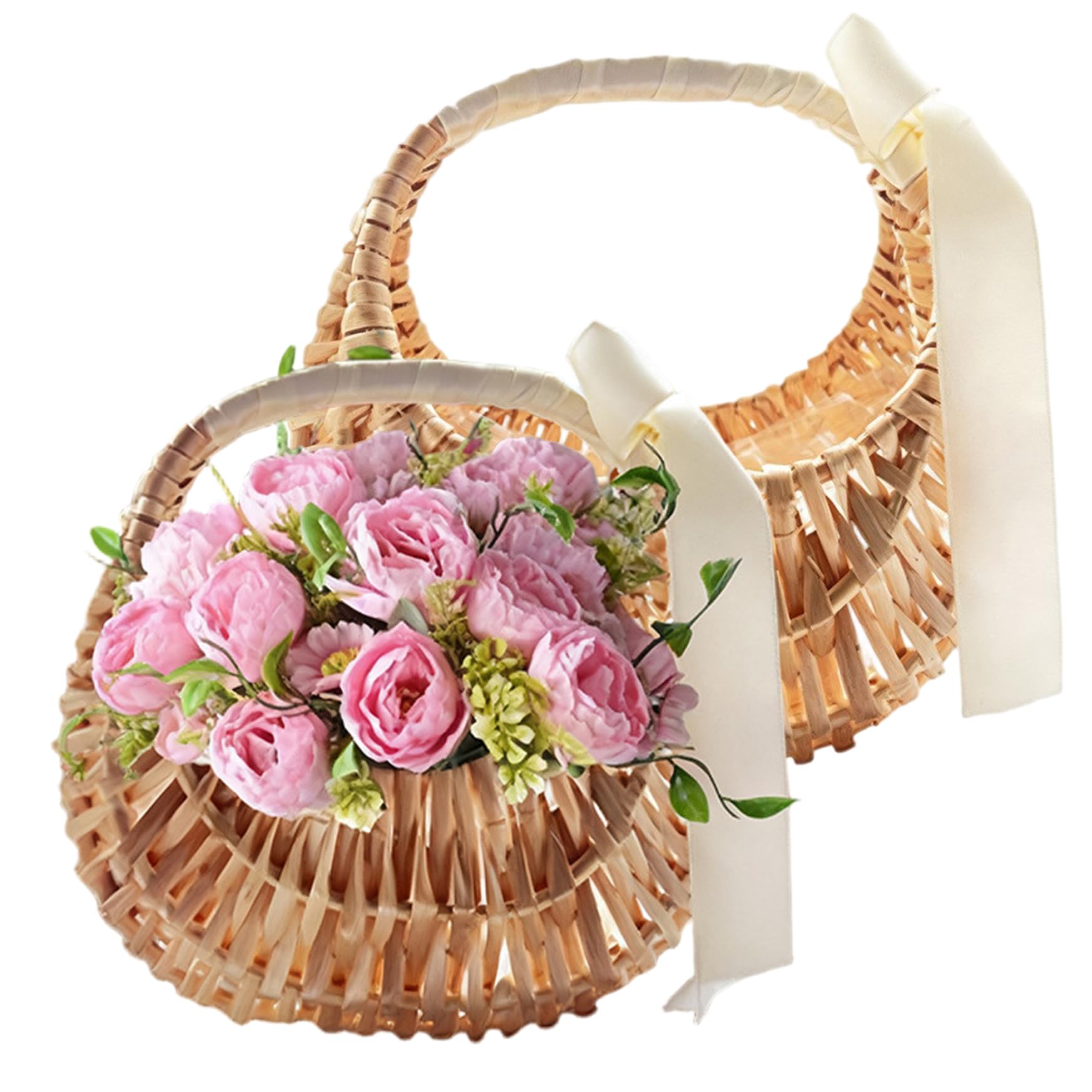 2Pcs Flower Girl Baskets, Woven Wicker Wedding Flower Basket with Ribbon & Handle for Wedding Ceremony, Decoration & Home Decor