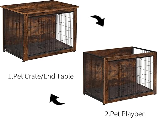 Miniatura 6 de DWANTON Mueble de jaula para perros con cojín, mesa de madera para perreras con puertas dobles, casa para perros de interior, tamaño grande, 38.5