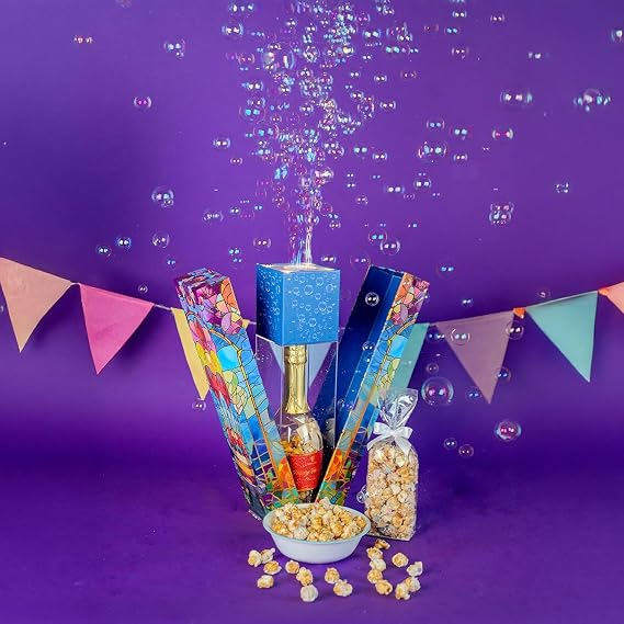 Birthday Bubble Box with Caramel White Chocolate Popcorn by Send A Cake, Ready to Gift, No Assembly Required - Happy Birthday Surprise - Unique Gift for Women, Men, Adult, Kids