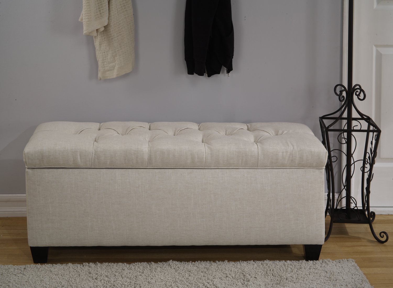 Tufted Shoe Ottoman Storage Bench for Bedroom or Entryway, Adjustable Wooden Inserts, Stores up to 36 Pairs, Easy-Open Hinged Lid, Large, Balboa Sand