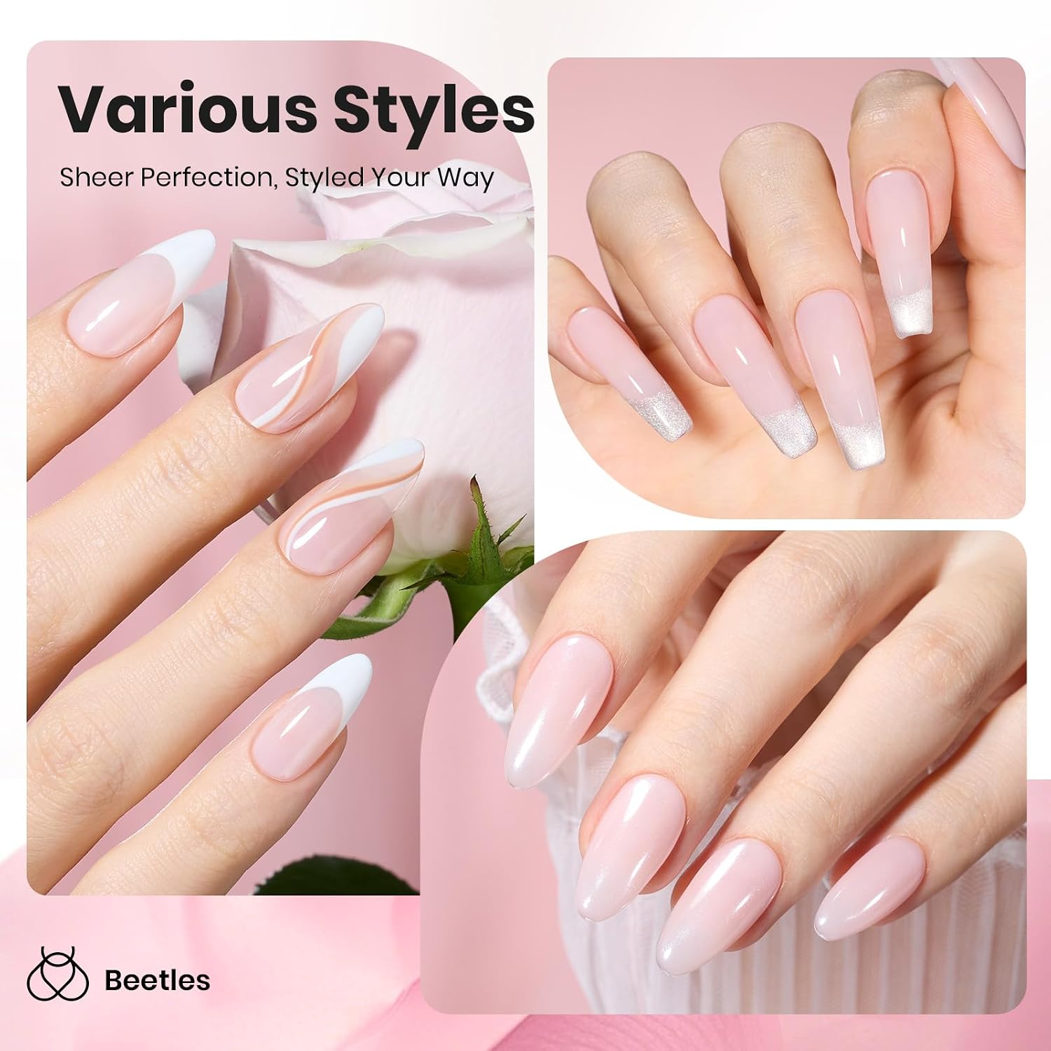 Beetles Nude Pink Gel Nail Polish - Misty Rose Jelly Gel Polish, Hema Free Natural Nude Pink 15ML Full Size Nail Polish Nail Concealer Sheer Translucent Effect Soak Off UV Nail Art Manicure Gifts