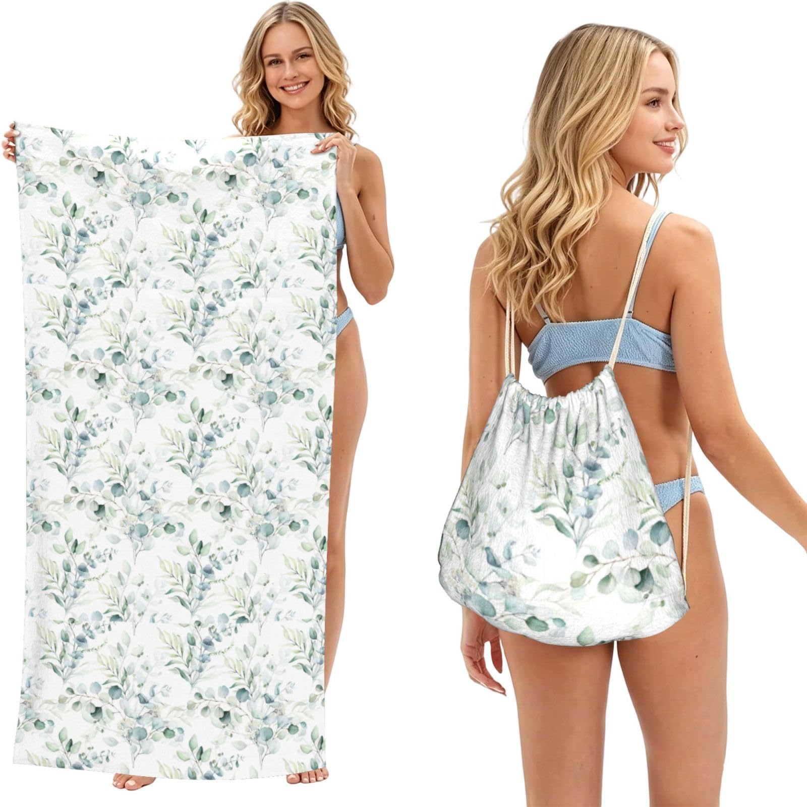 Poadnly Watercolor Green Floral Leaf Eucalyptus Round Leaves Succulent, 2 in 1 Packable Towel Bag, Beach Towels with Drawstring Backpack for Travel Holiday Camping