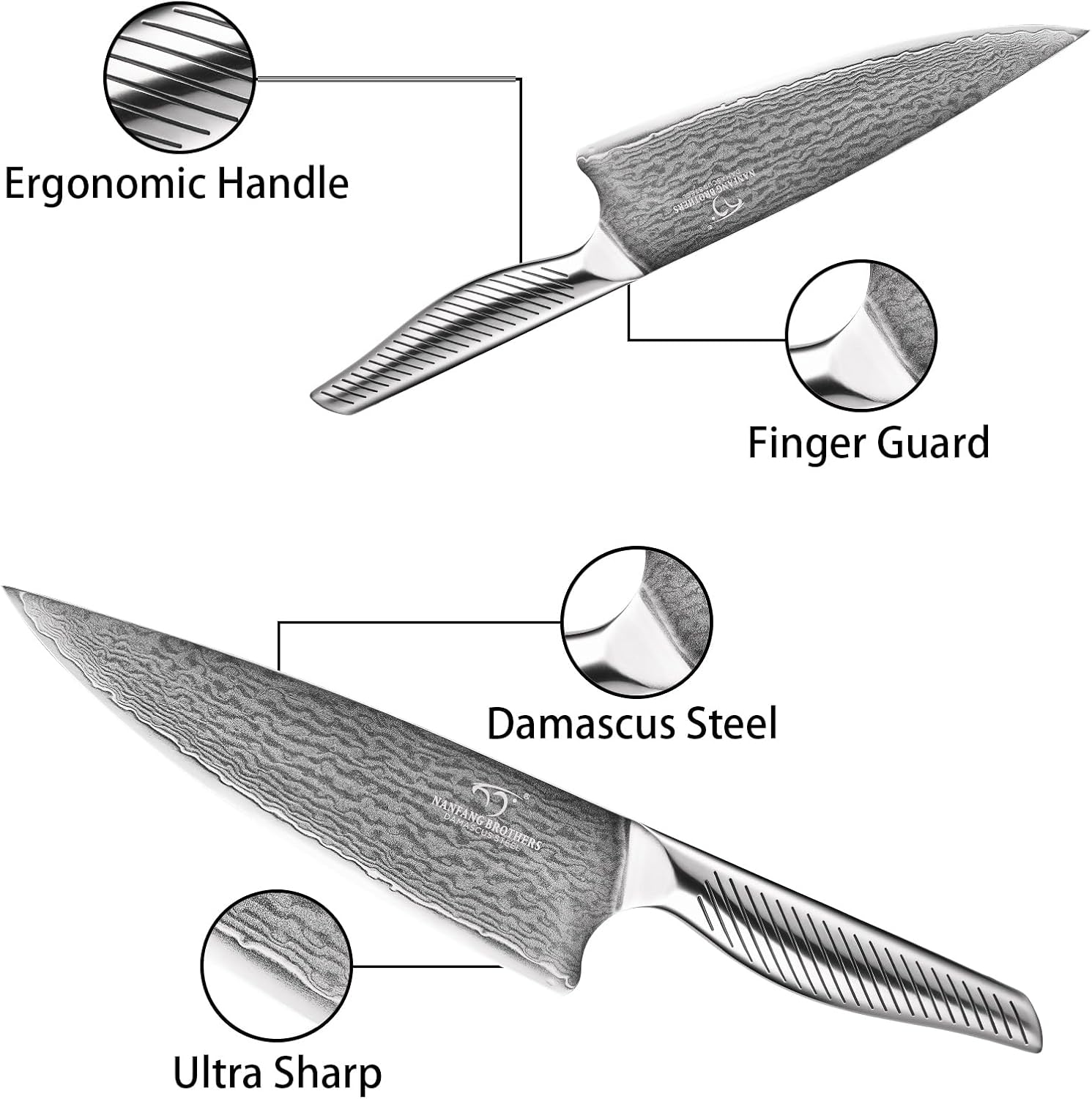 NANFANG BROTHERS® 7 Pieces Damascus Kitchen Knife Set, High Carbon Stainless Steel Damascus Steel Chef Knife Set, Stainless Steel Ergonomic Handle for Chef, Knife Block Set for Chopping NF
