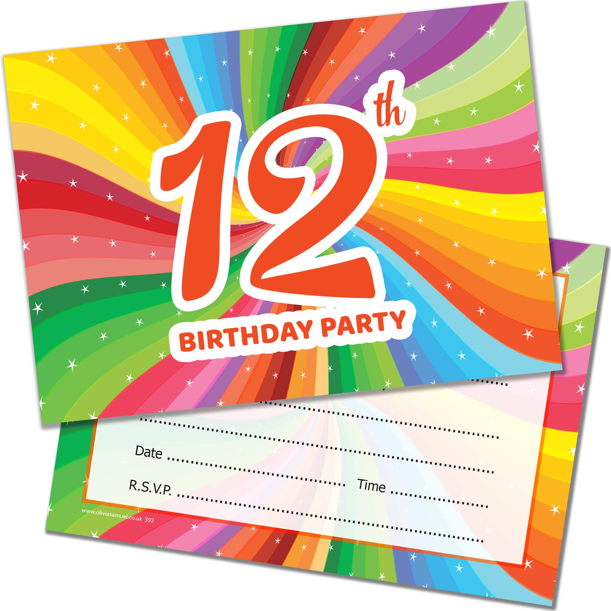 20 x 12th Birthday Party Invitations. Children's Bright Unisex Style. Multipack of 20 Invites with Envelopes