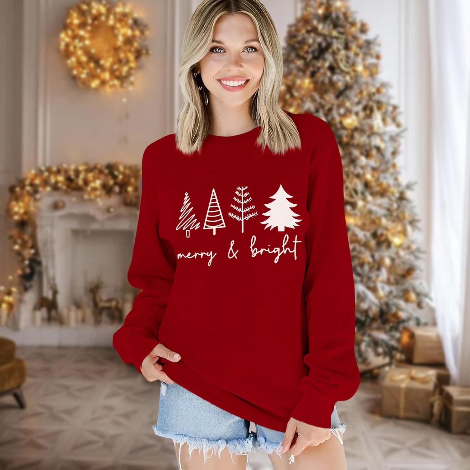 CM C&M WODRO Women Christmas Tree Sweatshirt Merry and Bright Xmas Tree Sweater Shirt Crewneck Oversized Holiday Pullover Top - Image 3
